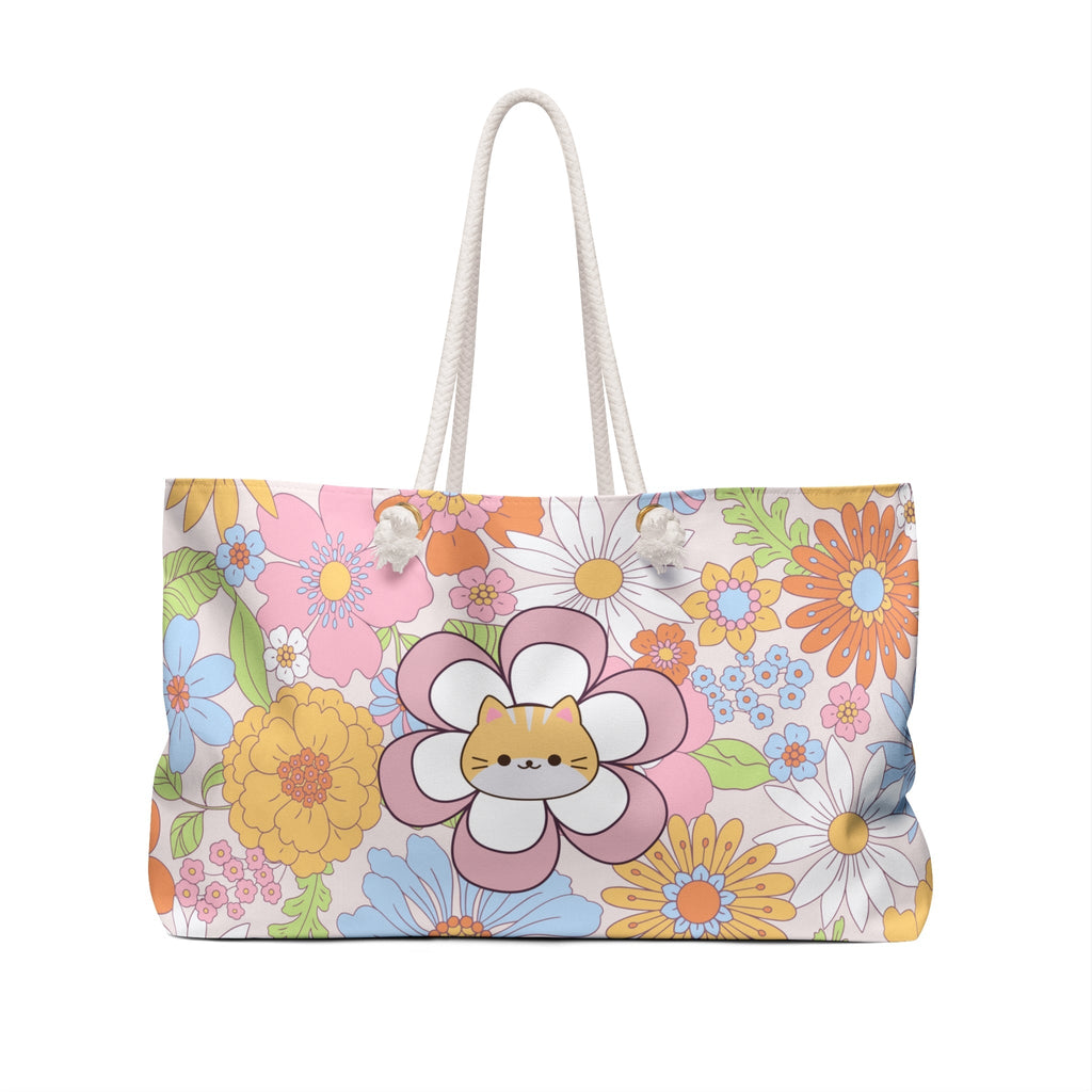 Flower Power Cat Weekender Tote – Retro Floral Cat Travel Bag