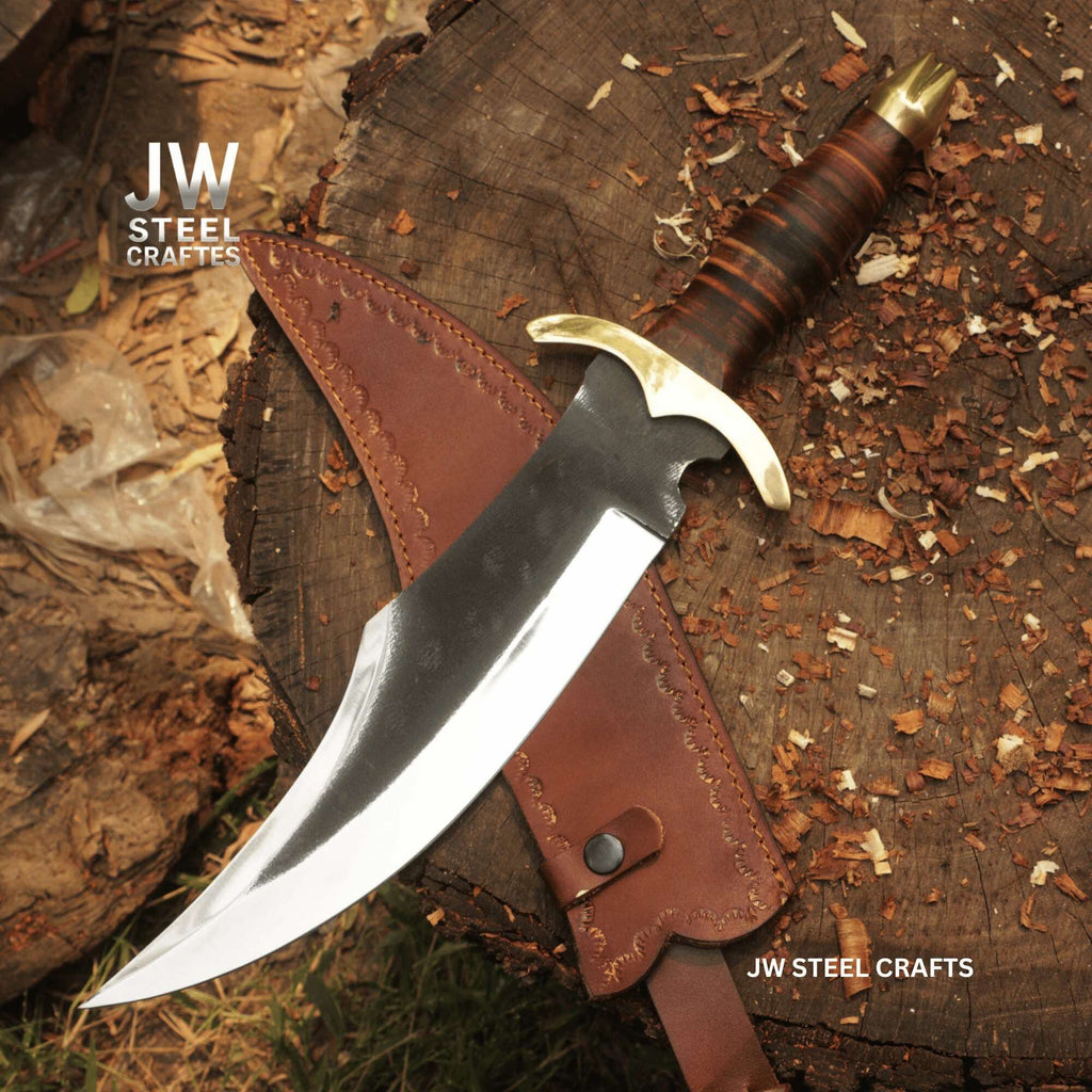 Frontier Clip Point Bowie Knife 13 Inch Blade, Hand Forged High Carbon Steel, Stacked Leather Handle, Brass Crossguard, Handmade Leather Sheath, JW SteelCrafts
