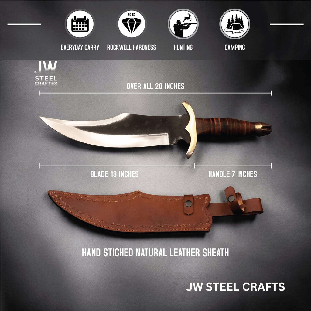 Frontier Clip Point Bowie Knife 13 Inch Blade, Hand Forged High Carbon Steel, Stacked Leather Handle, Brass Crossguard, Handmade Leather Sheath, JW SteelCrafts