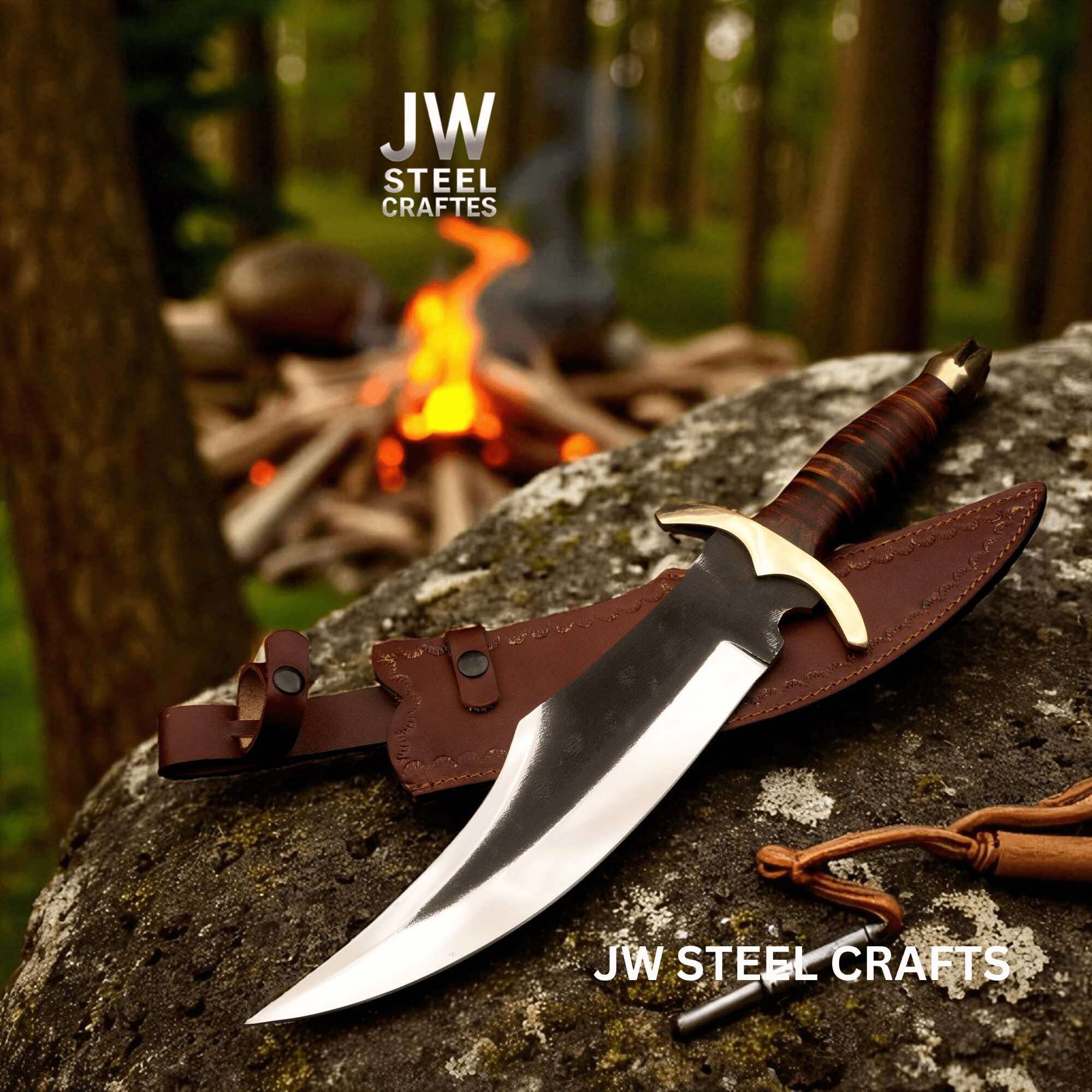 Frontier Clip Point Bowie Knife 13 Inch Blade, Hand Forged High Carbon Steel, Stacked Leather Handle, Brass Crossguard, Handmade Leather Sheath, JW SteelCrafts