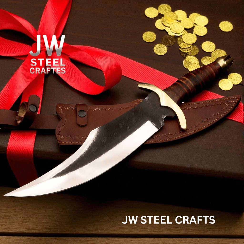 Frontier Clip Point Bowie Knife 13 Inch Blade, Hand Forged High Carbon Steel, Stacked Leather Handle, Brass Crossguard, Handmade Leather Sheath, JW SteelCrafts