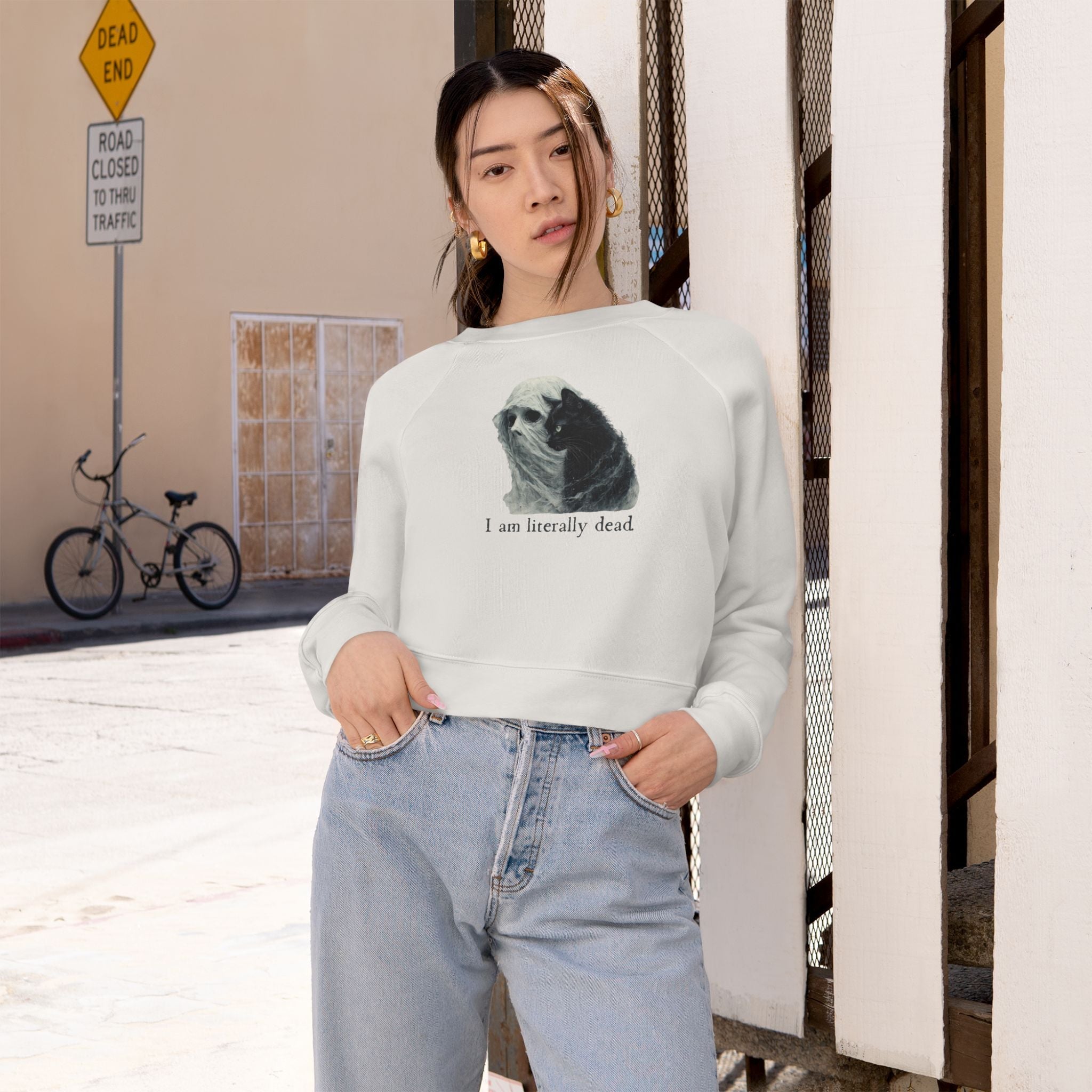 Ghost and Cat Cropped Fleece Pullover for Women