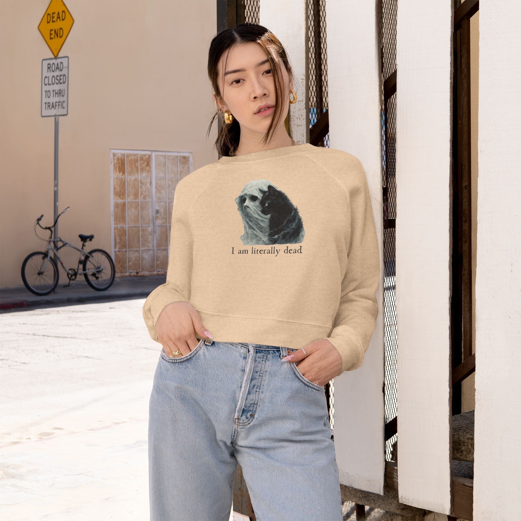 Ghost and Cat Cropped Fleece Pullover for Women