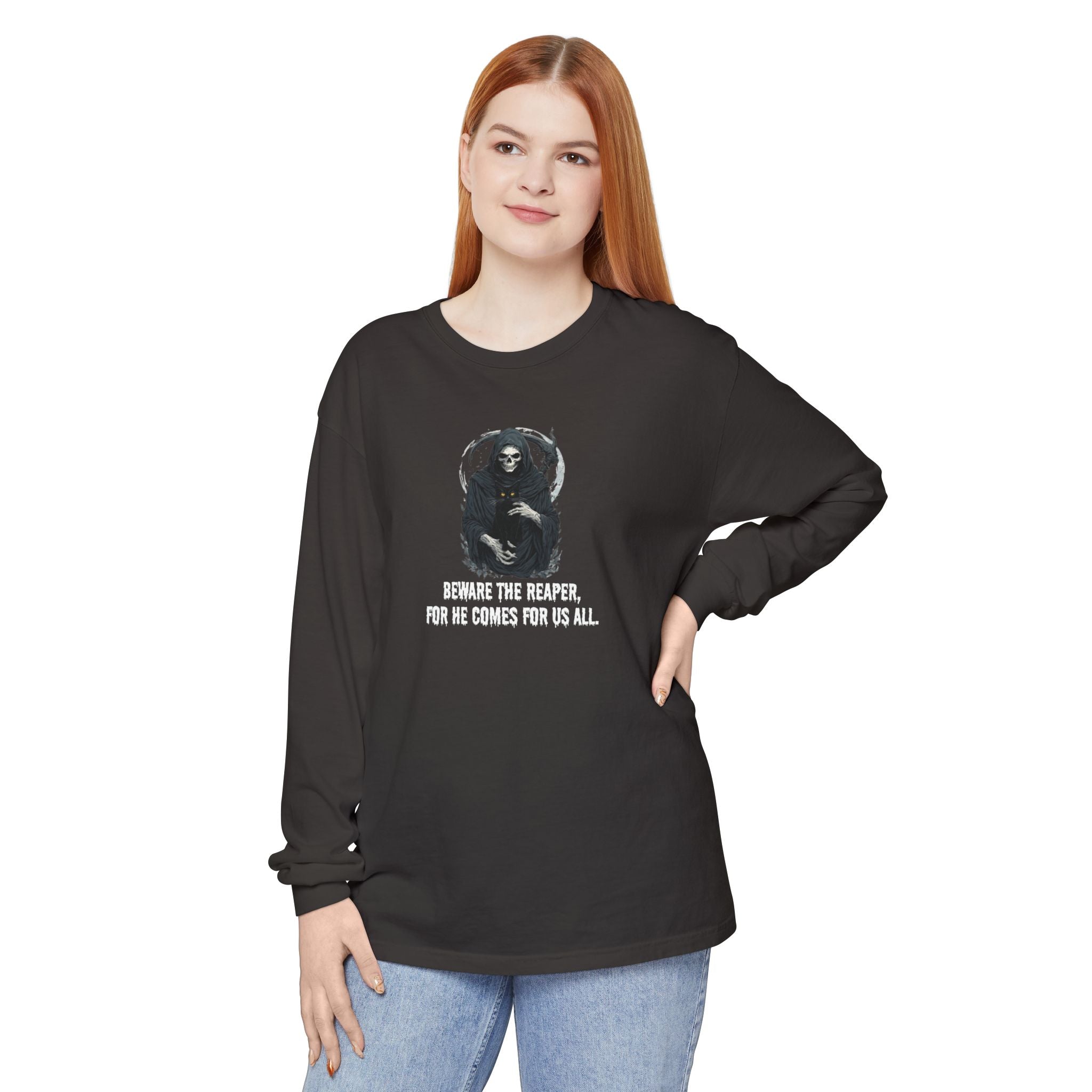Grim Reaper Cat Long-Sleeve T-Shirt for Halloween Apparel