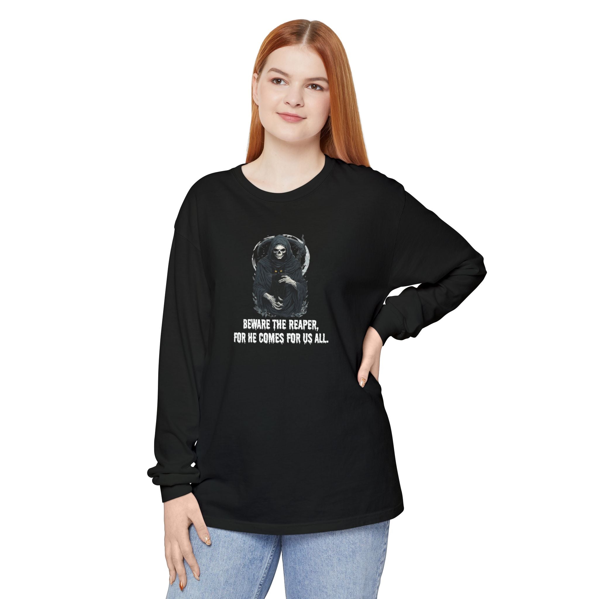 Grim Reaper Cat Long-Sleeve T-Shirt for Halloween Apparel