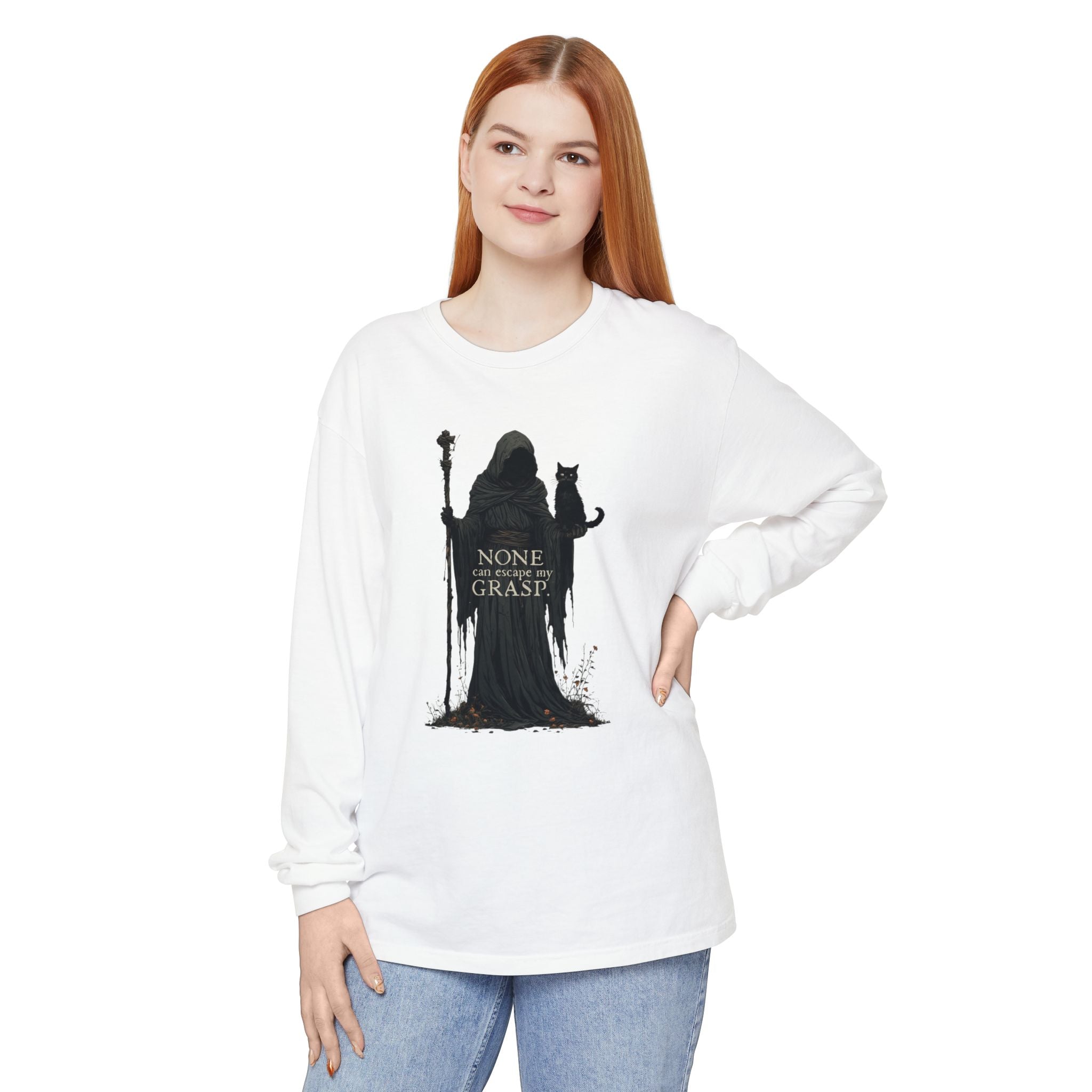 Grim Reaper Cat Long-Sleeve T-Shirt for Stylish Comfort and Unique Fashion