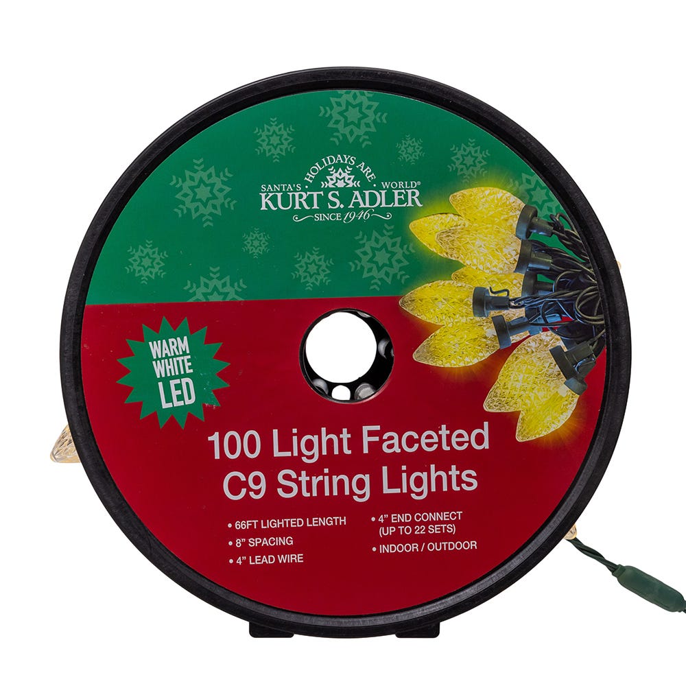 100-Light Warm White LED Faceted C9 Green Wire String Lights