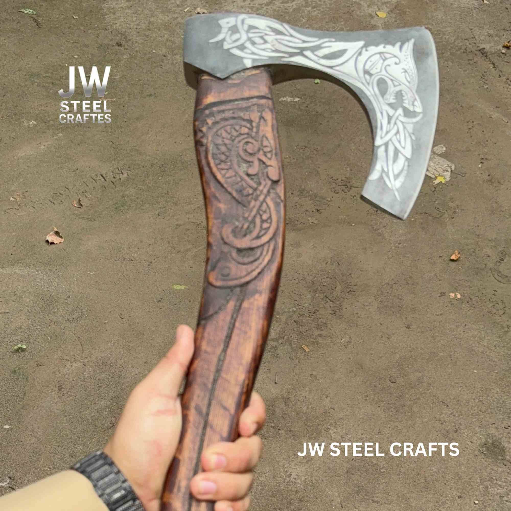 Hand-Engraved Viking Bearded Axe with Carved Hardwood Handle – Damascus Steel Blade | JW SteelCrafts
