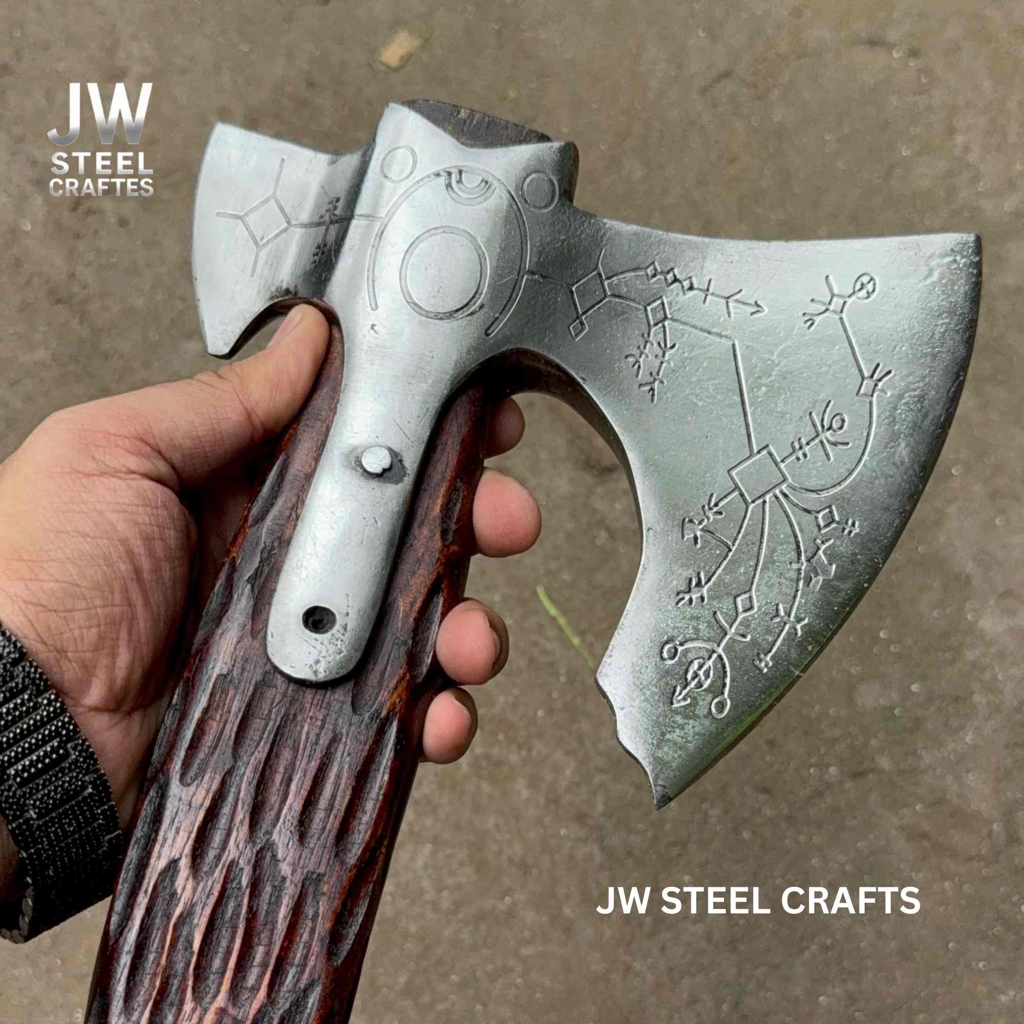 Hand Engraved Viking Double-Bit Axe with Carved Hardwood Handle and Norse Rune Detailing | Handmade Damascus Steel Collector Axe | JW SteelCrafts