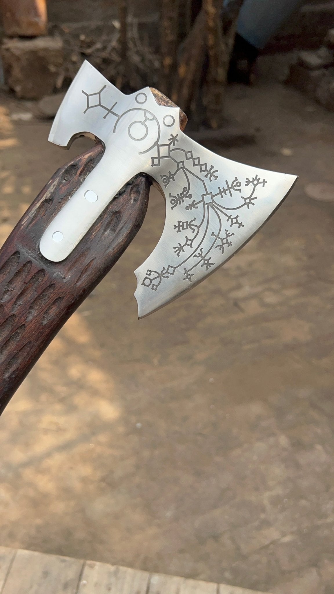 Hand Engraved Viking Double-Bit Axe with Carved Hardwood Handle and Norse Rune Detailing | Handmade Damascus Steel Collector Axe | JW SteelCrafts