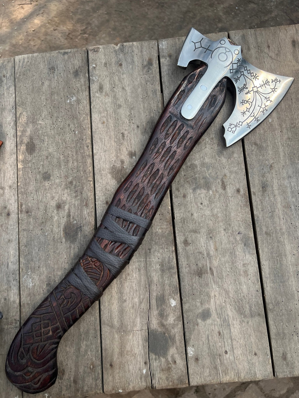 Hand Engraved Viking Double-Bit Axe with Carved Hardwood Handle and Norse Rune Detailing | Handmade Damascus Steel Collector Axe | JW SteelCrafts