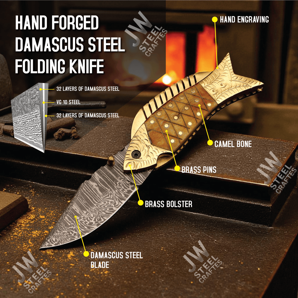 Hand Forged Damascus Steel Folding Knife – Honeycomb, Pinecone & Brass Handle Variations