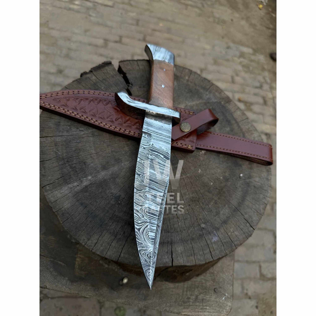 Hand Forged Damascus Steel Frontier Bowie Knife, Clip Point Blade with Coffin Handle and Leather Sheath, JW SteelCrafts