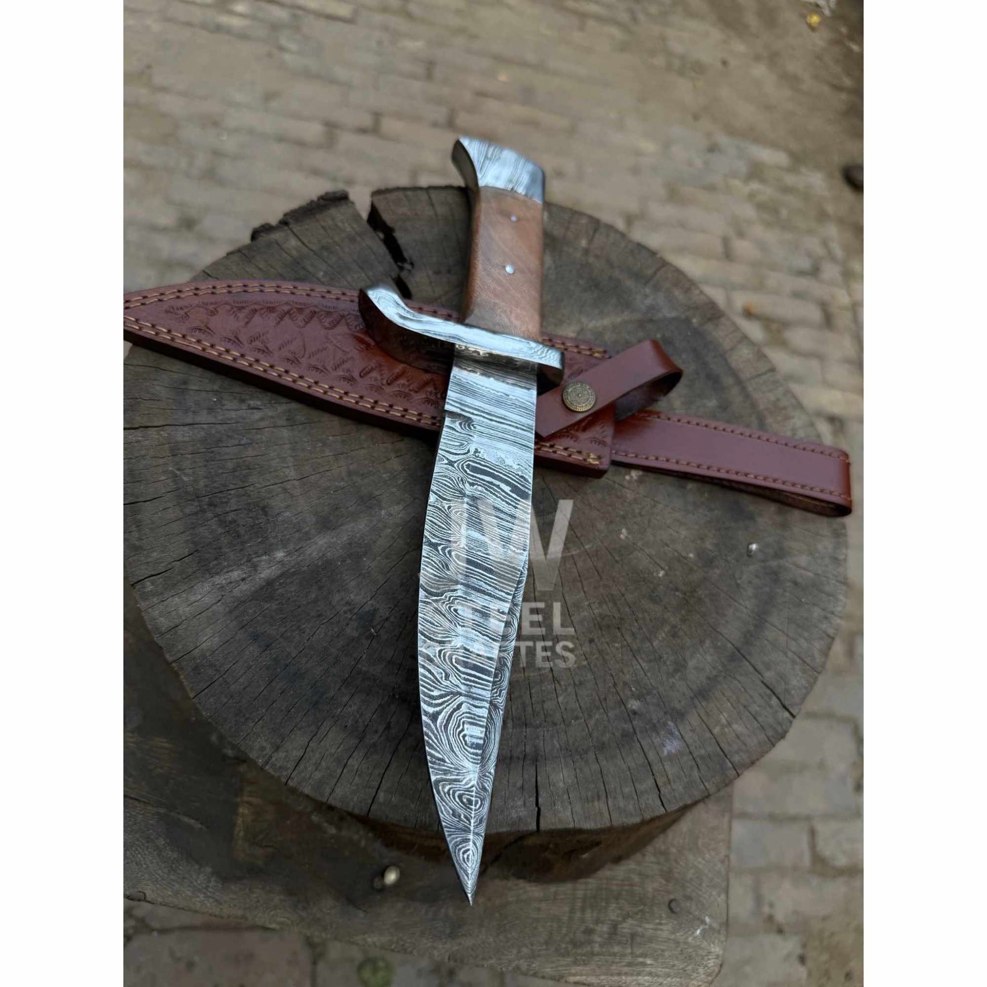 Hand Forged Damascus Steel Frontier Bowie Knife, Clip Point Blade with Coffin Handle and Leather Sheath, JW SteelCrafts