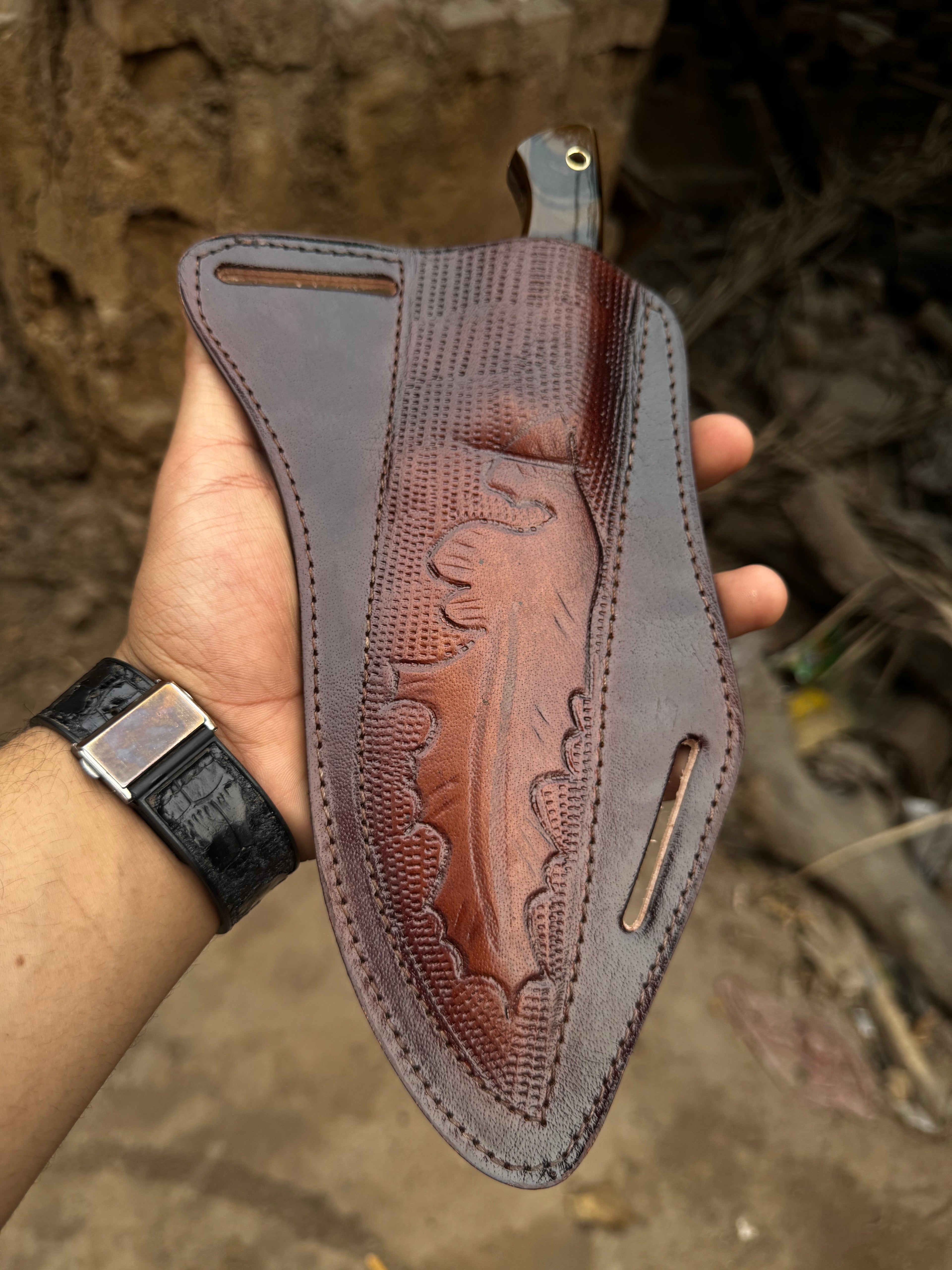 Hand-Forged Hammered Blade Knife | Walnut Grip & Belt Sheath