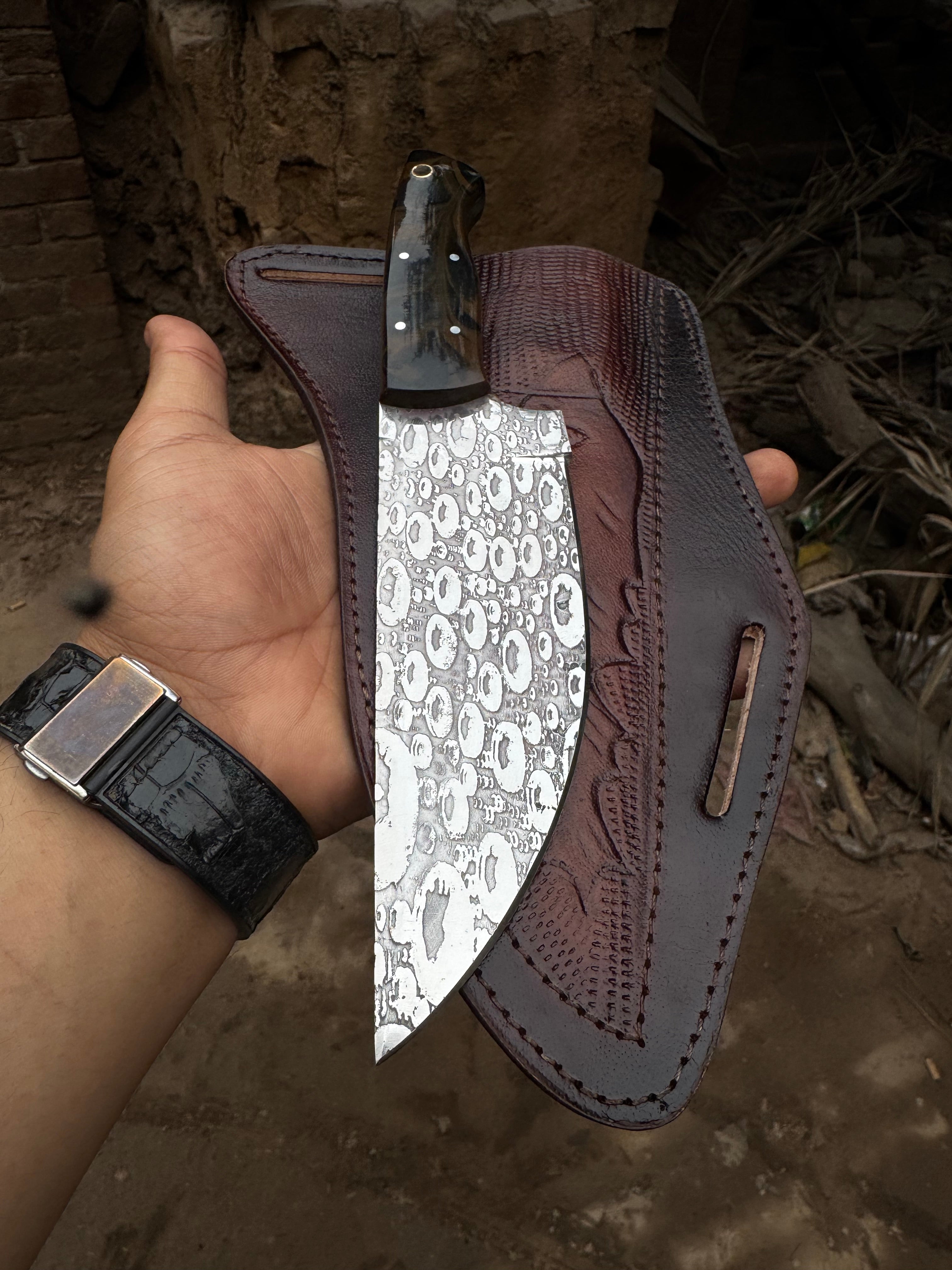 Hand-Forged Hammered Blade Knife | Walnut Grip & Belt Sheath