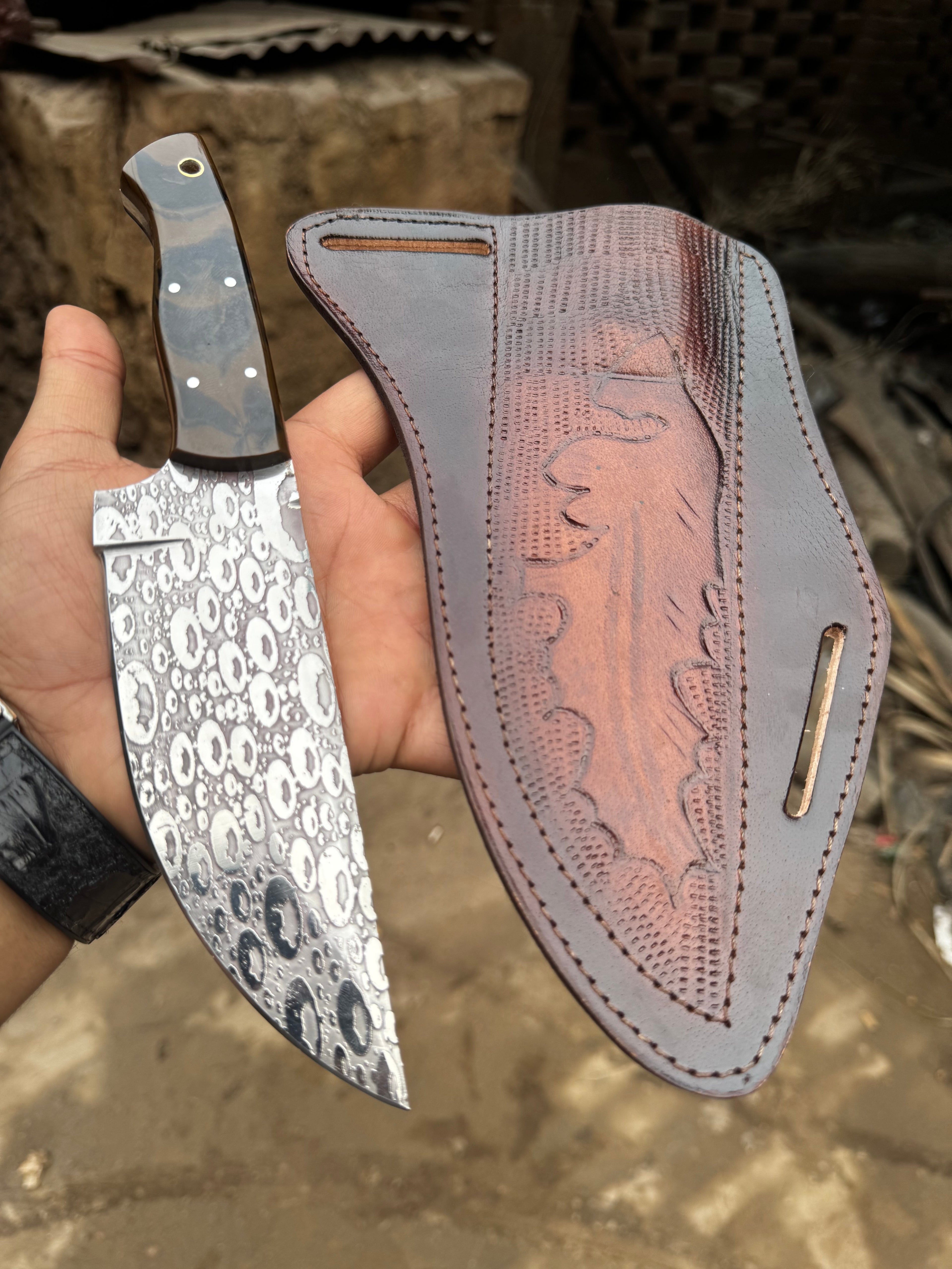 Hand-Forged Hammered Blade Knife | Walnut Grip & Belt Sheath