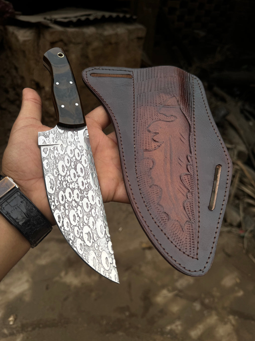 Hand-Forged Hammered Blade Knife | Walnut Grip & Belt Sheath