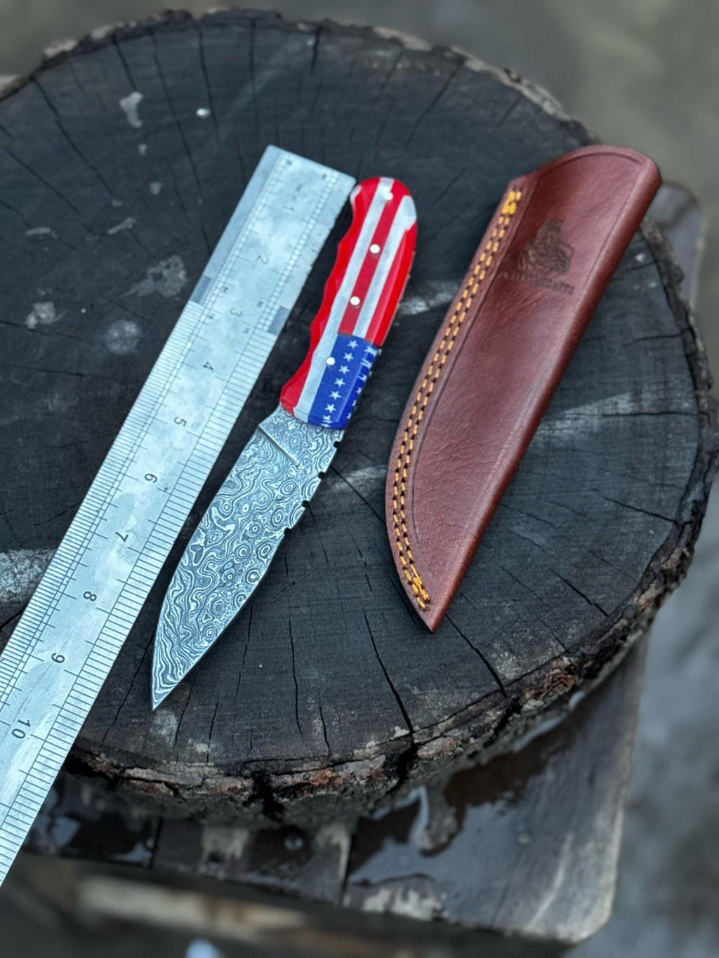 Handcrafted Damascus Steel Utility Knife with American Flag Handle | Leather Sheath | JW SteelCrafts