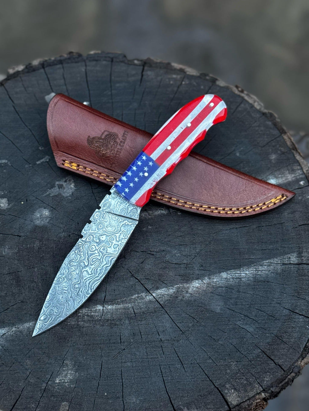 Handcrafted Damascus Steel Utility Knife with American Flag Handle | Leather Sheath | JW SteelCrafts