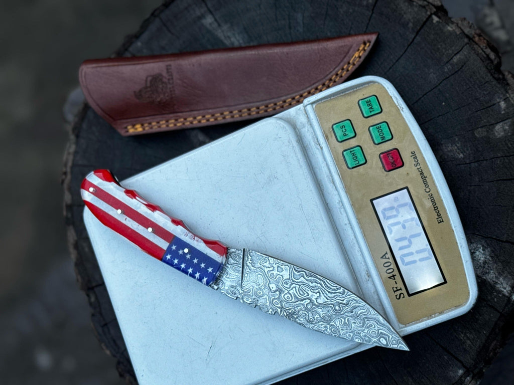 Handcrafted Damascus Steel Utility Knife with American Flag Handle | Leather Sheath | JW SteelCrafts