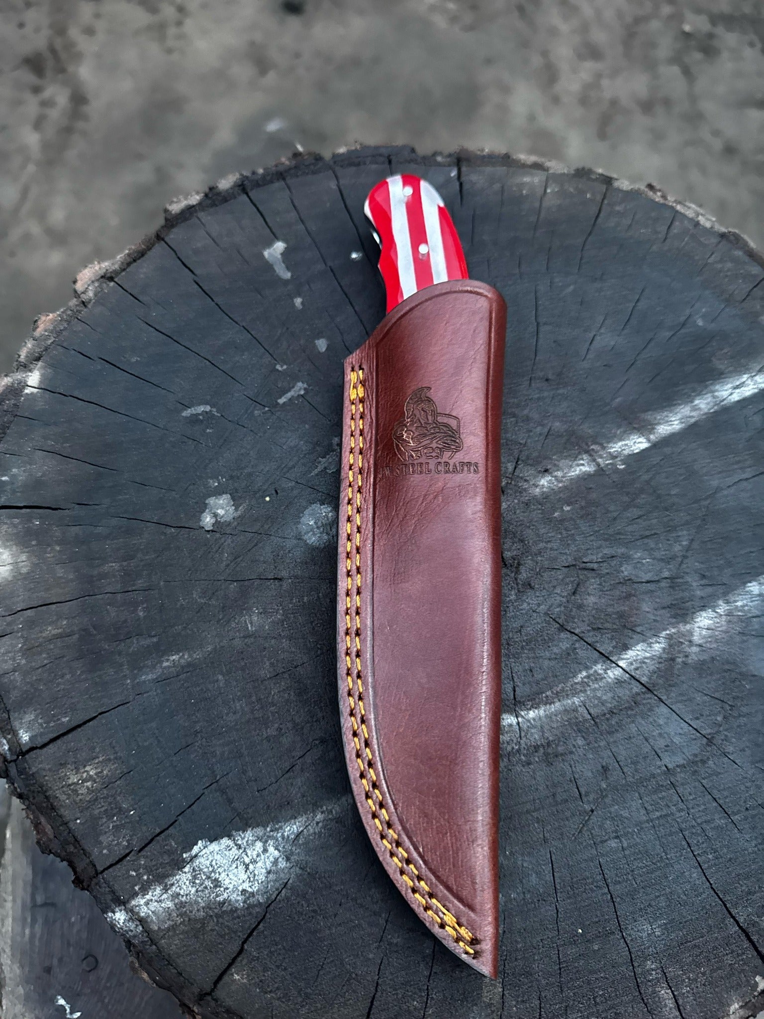 Handcrafted Damascus Steel Utility Knife with American Flag Handle | Leather Sheath | JW SteelCrafts