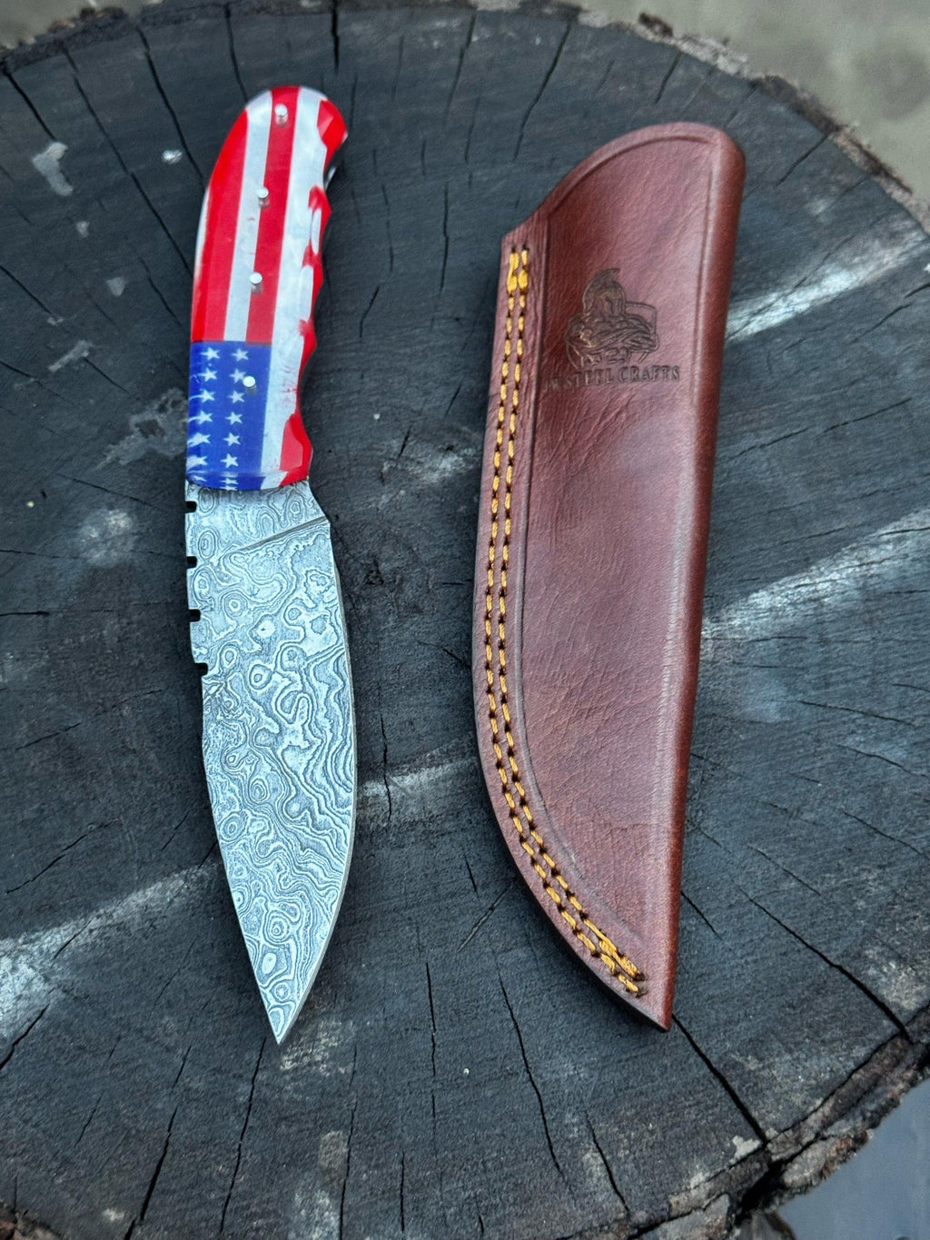 Handcrafted Damascus Steel Utility Knife with American Flag Handle | Leather Sheath | JW SteelCrafts