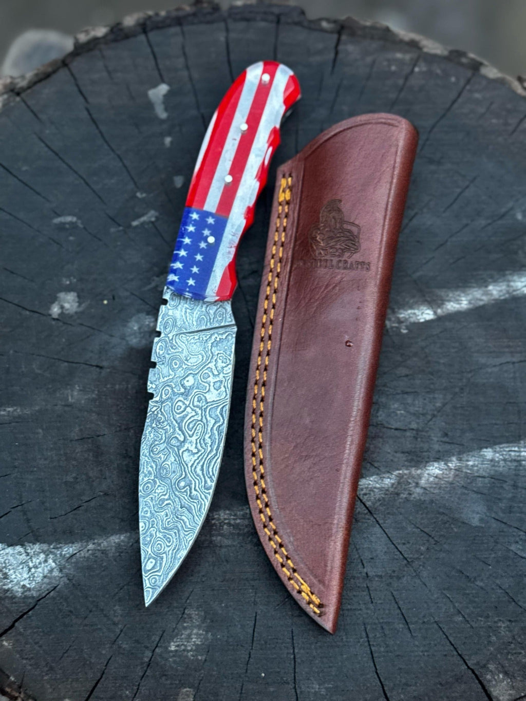Handcrafted Damascus Steel Utility Knife with American Flag Handle | Leather Sheath | JW SteelCrafts