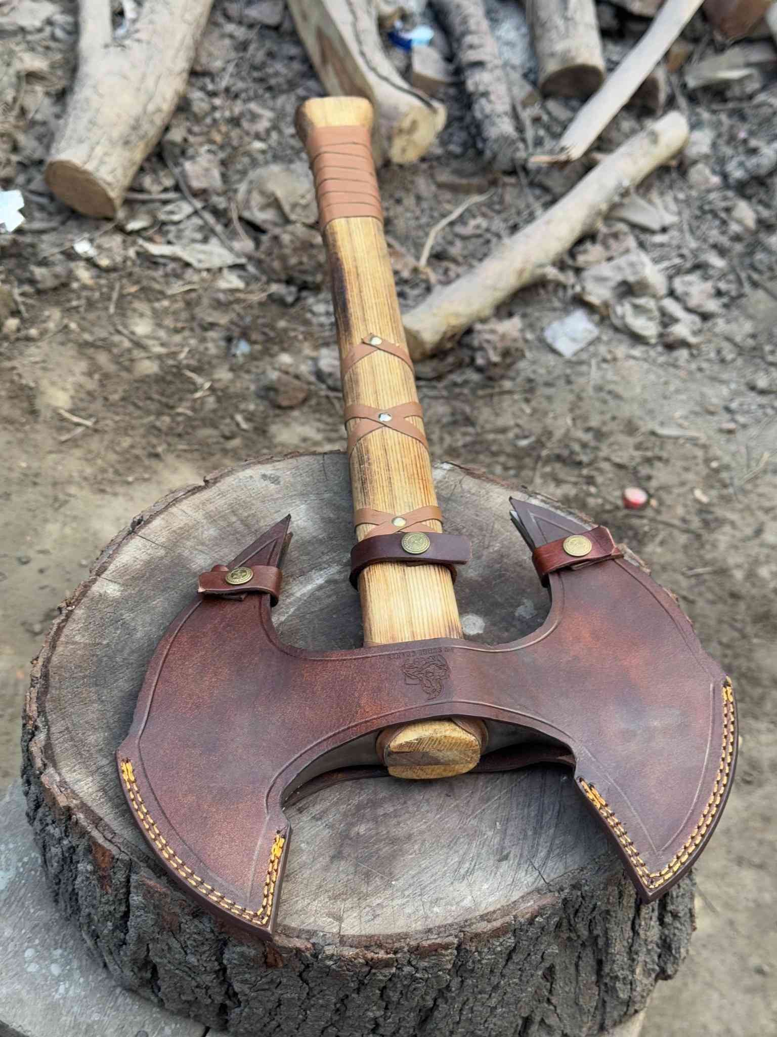 Handcrafted Double-Head Decorative Axe with Wooden Handle – JW SteelCrafts