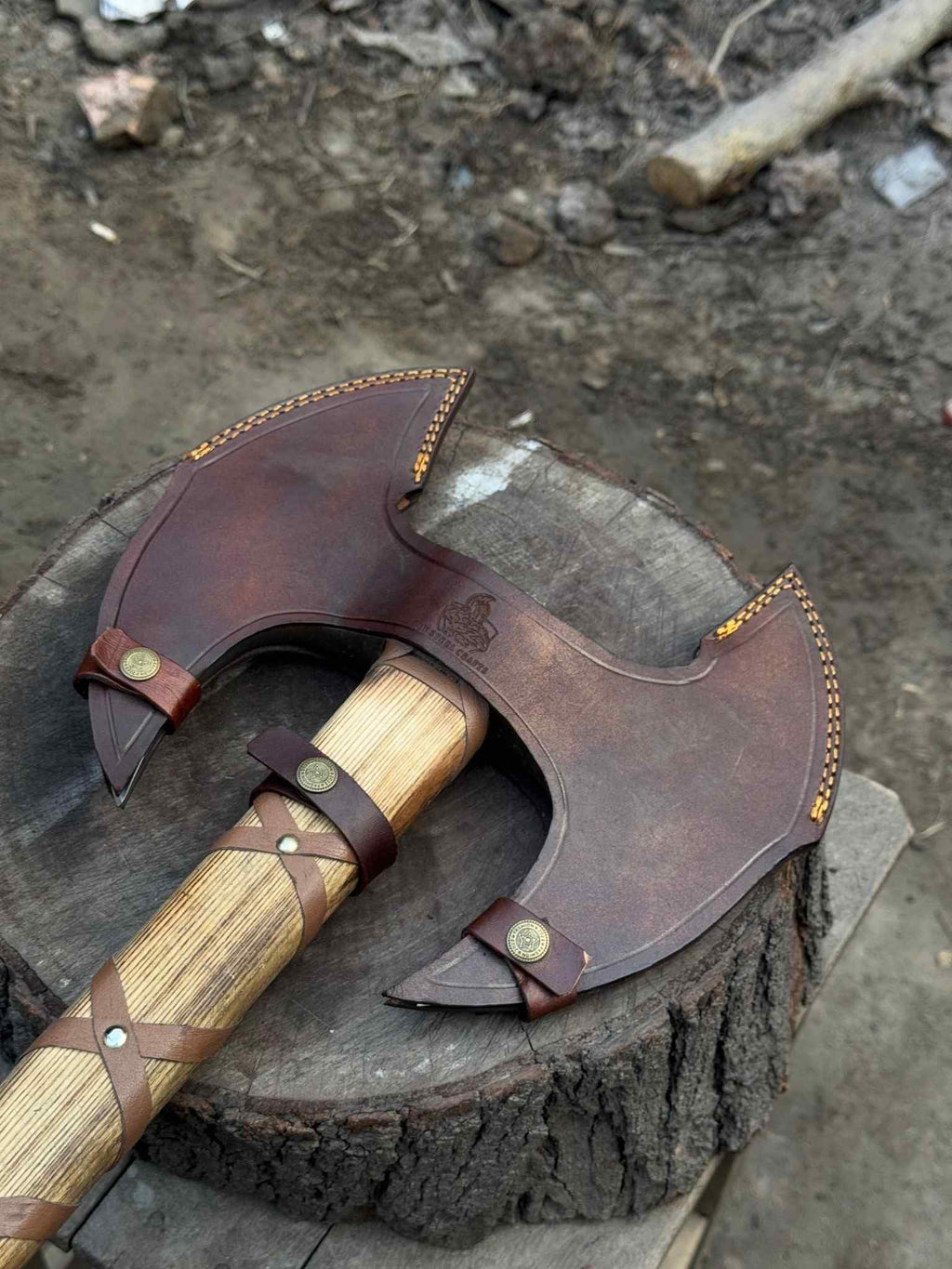 Handcrafted Double-Head Decorative Axe with Wooden Handle – JW SteelCrafts
