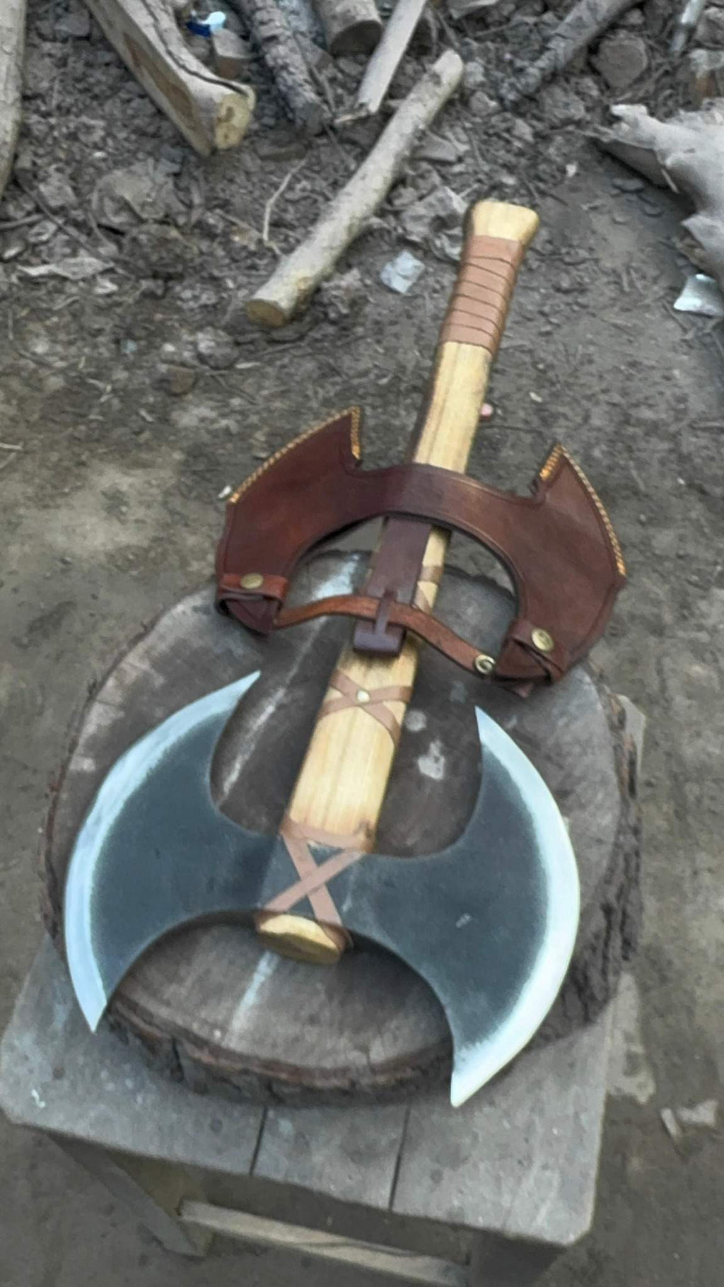 Handcrafted Double-Head Decorative Axe with Wooden Handle – JW SteelCrafts