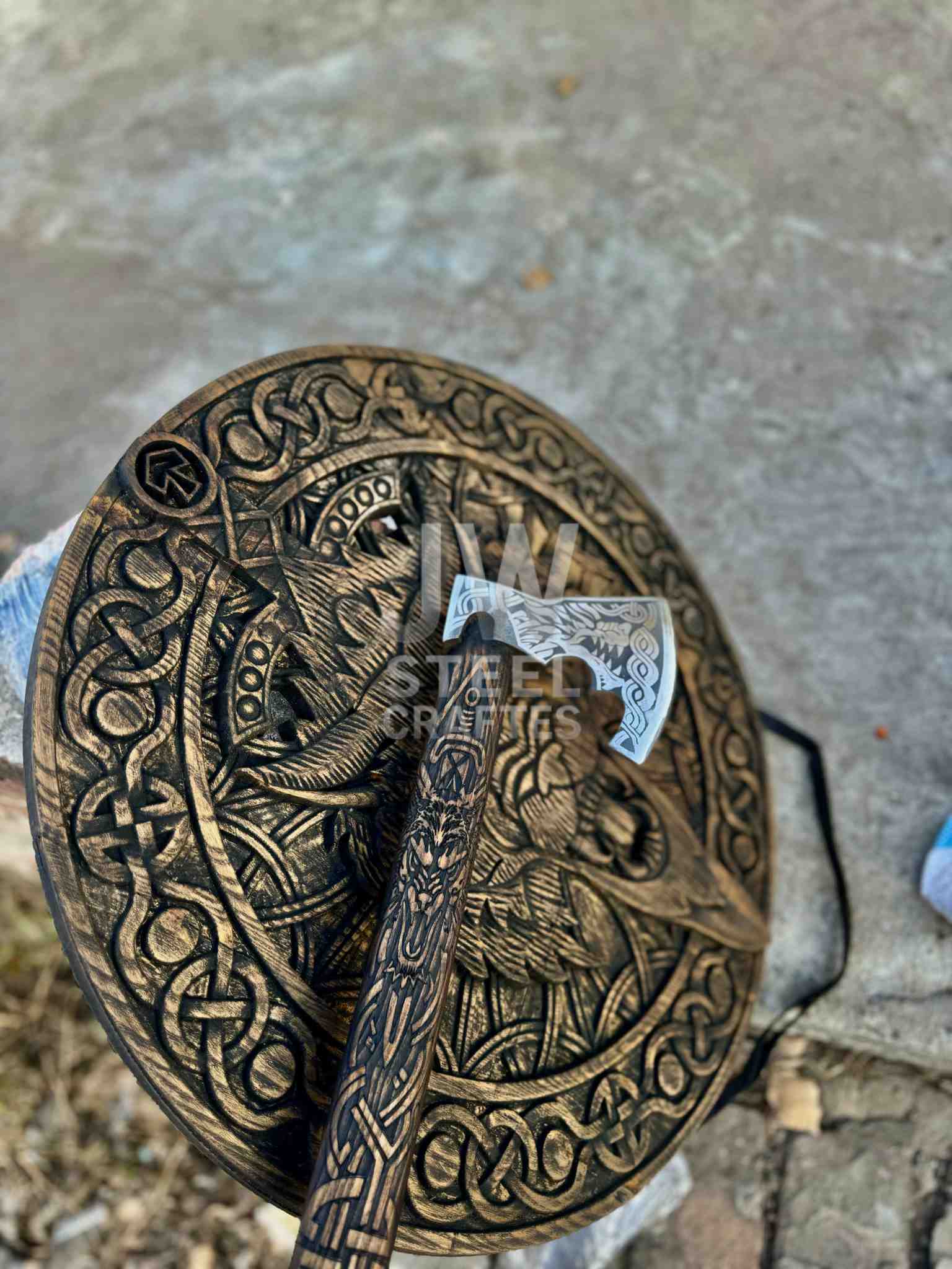 Handcrafted Viking Shield with Matching Engraved Axe – Nordic Art Decor Set