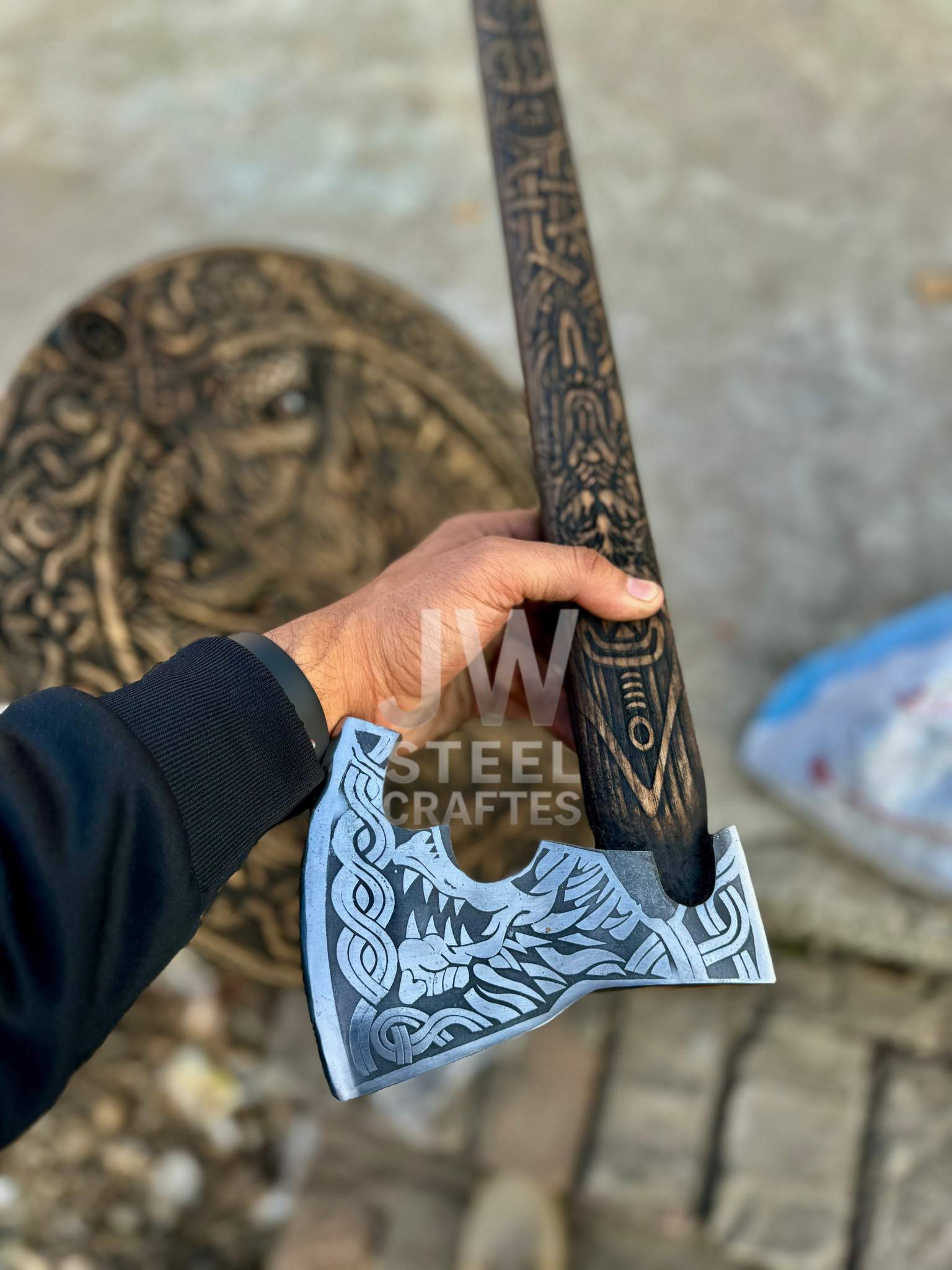 Handcrafted Viking Shield with Matching Engraved Axe – Nordic Art Decor Set