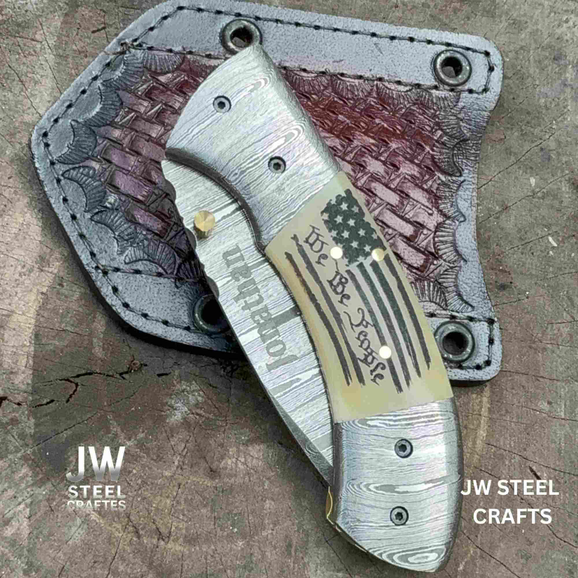 Handmade Damascus Drop Point Folding Knife – American Flag Handle, EDC Pocket Knife