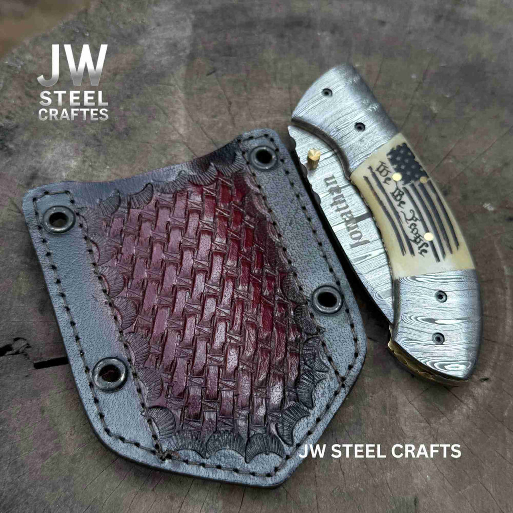 Handmade Damascus Drop Point Folding Knife – American Flag Handle, EDC Pocket Knife