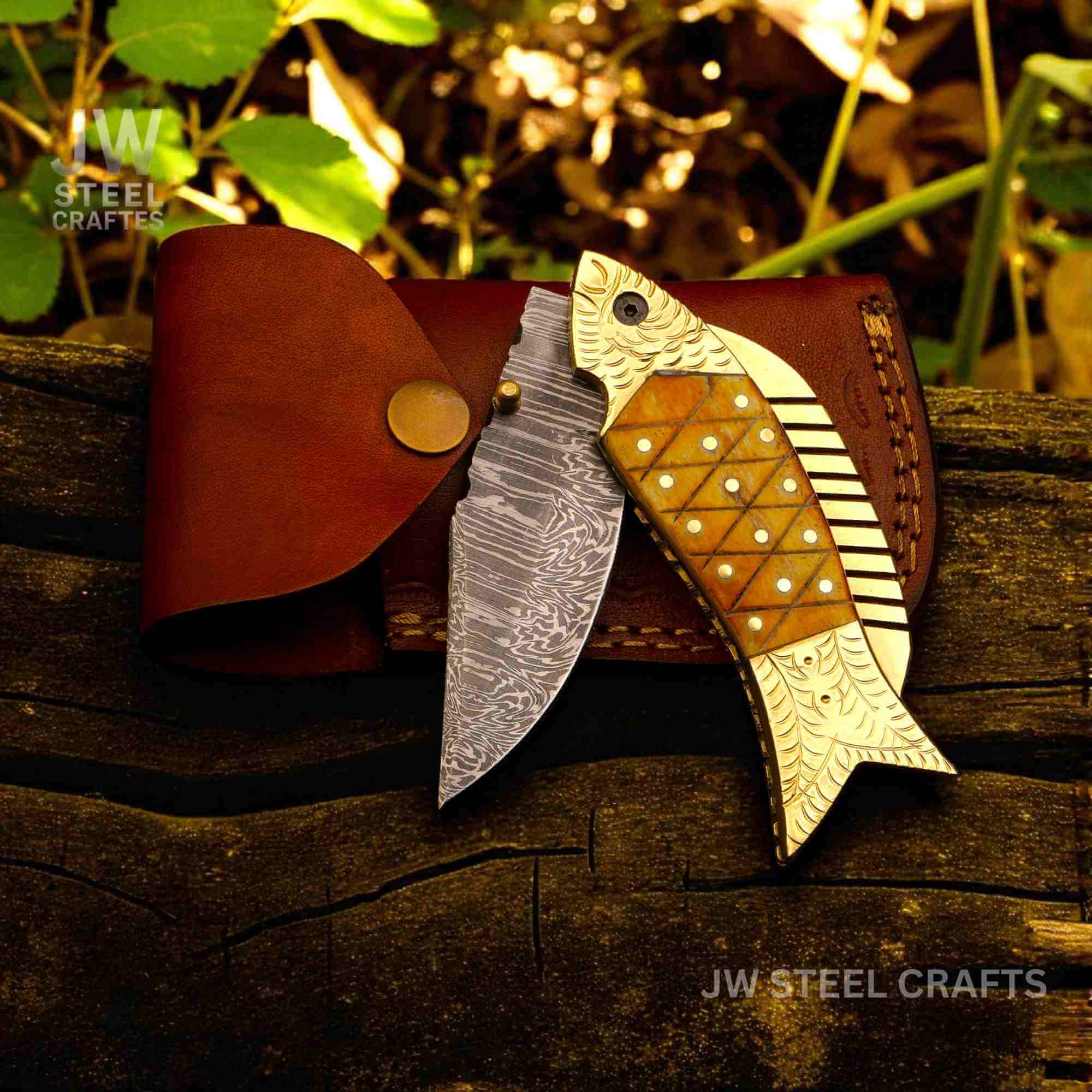 Handmade Damascus Fish Folding Knife – Bone Handle with Brass Bolster