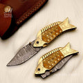 Handmade Damascus Fish Folding Knife – Bone Handle with Brass Bolster