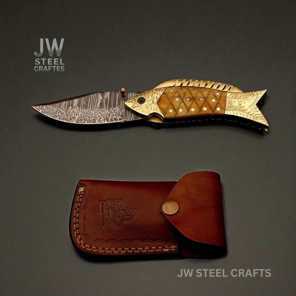 Handmade Damascus Fish Folding Knife – Bone Handle with Brass Bolster
