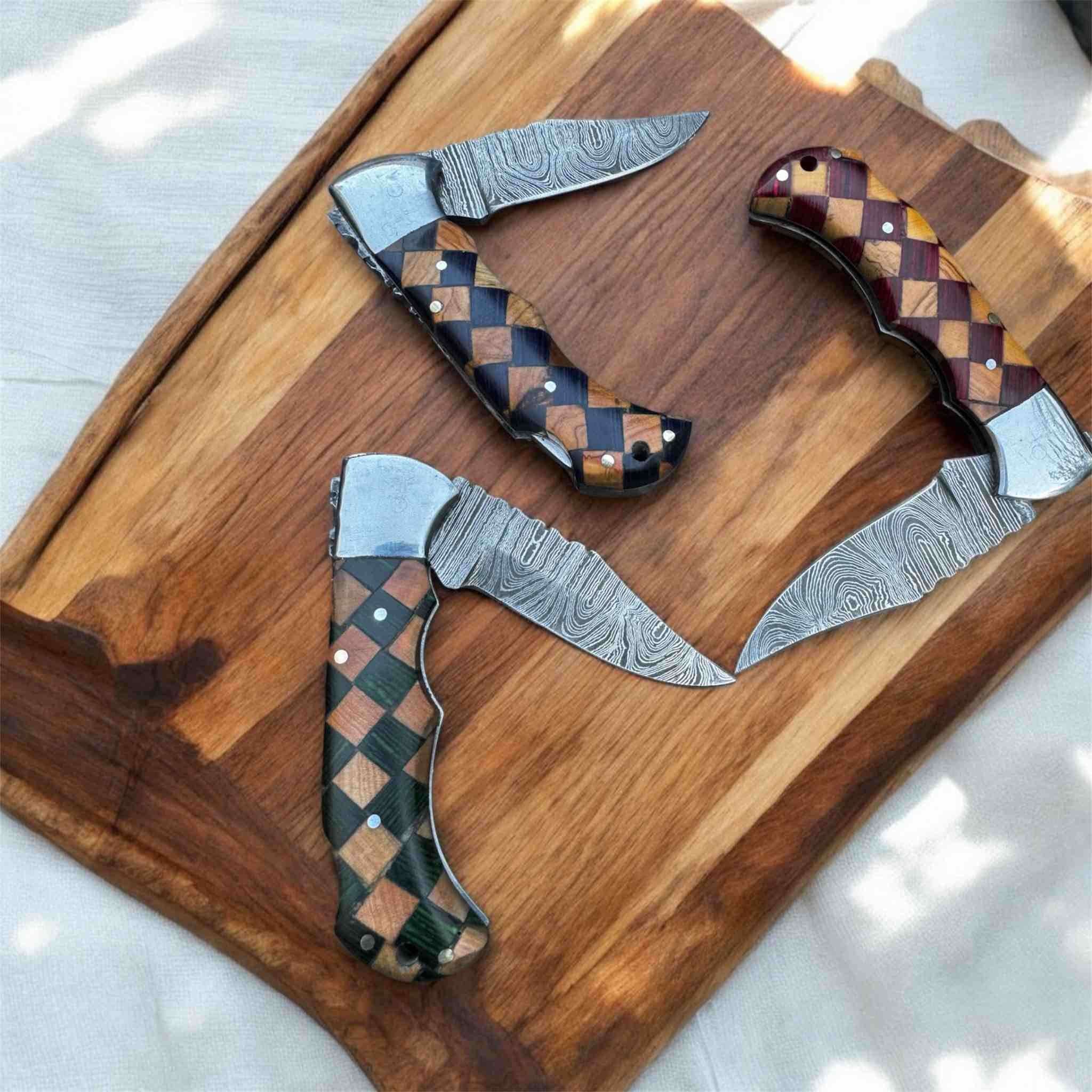 Handmade Damascus Folding Knife – Checker Pattern Wood Handle (Red, Green, Blue) with Leather Sheath