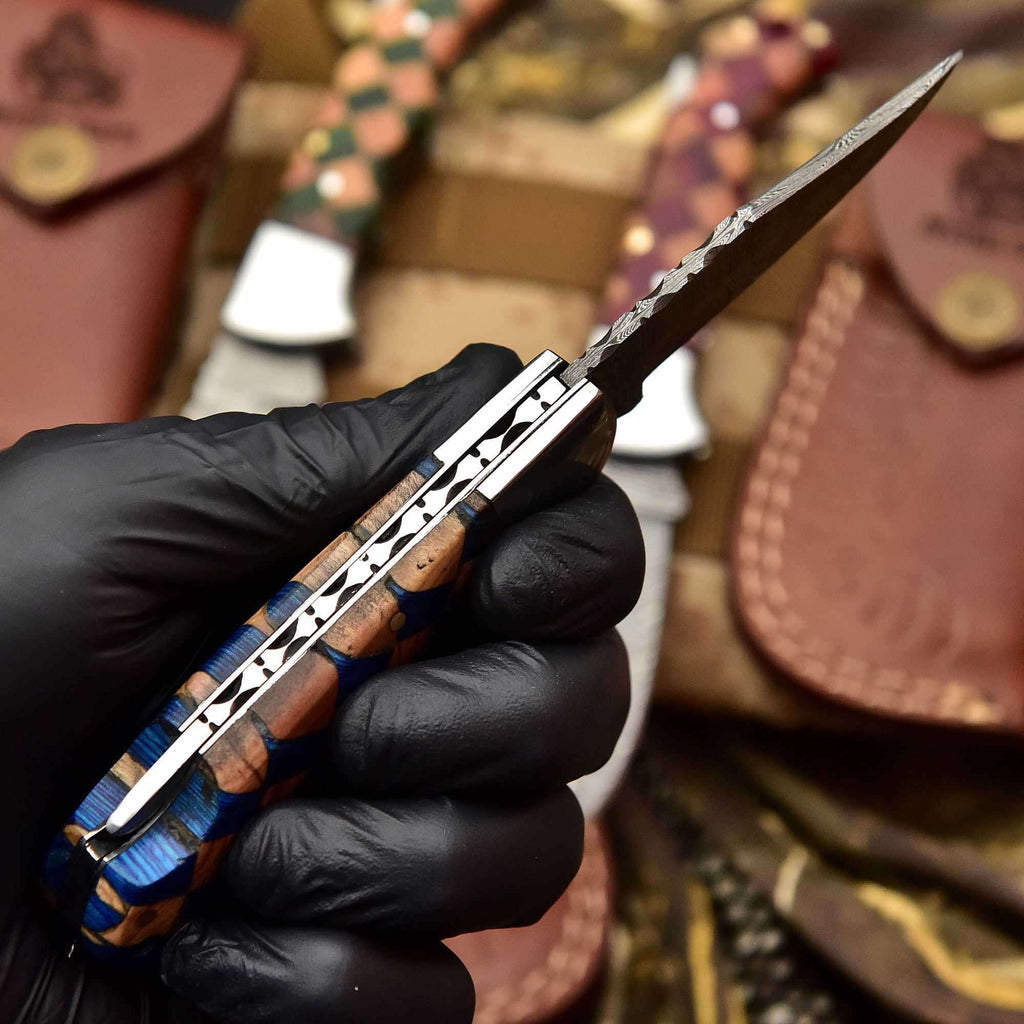 Handmade Damascus Folding Knife – Checker Pattern Wood Handle (Red, Green, Blue) with Leather Sheath