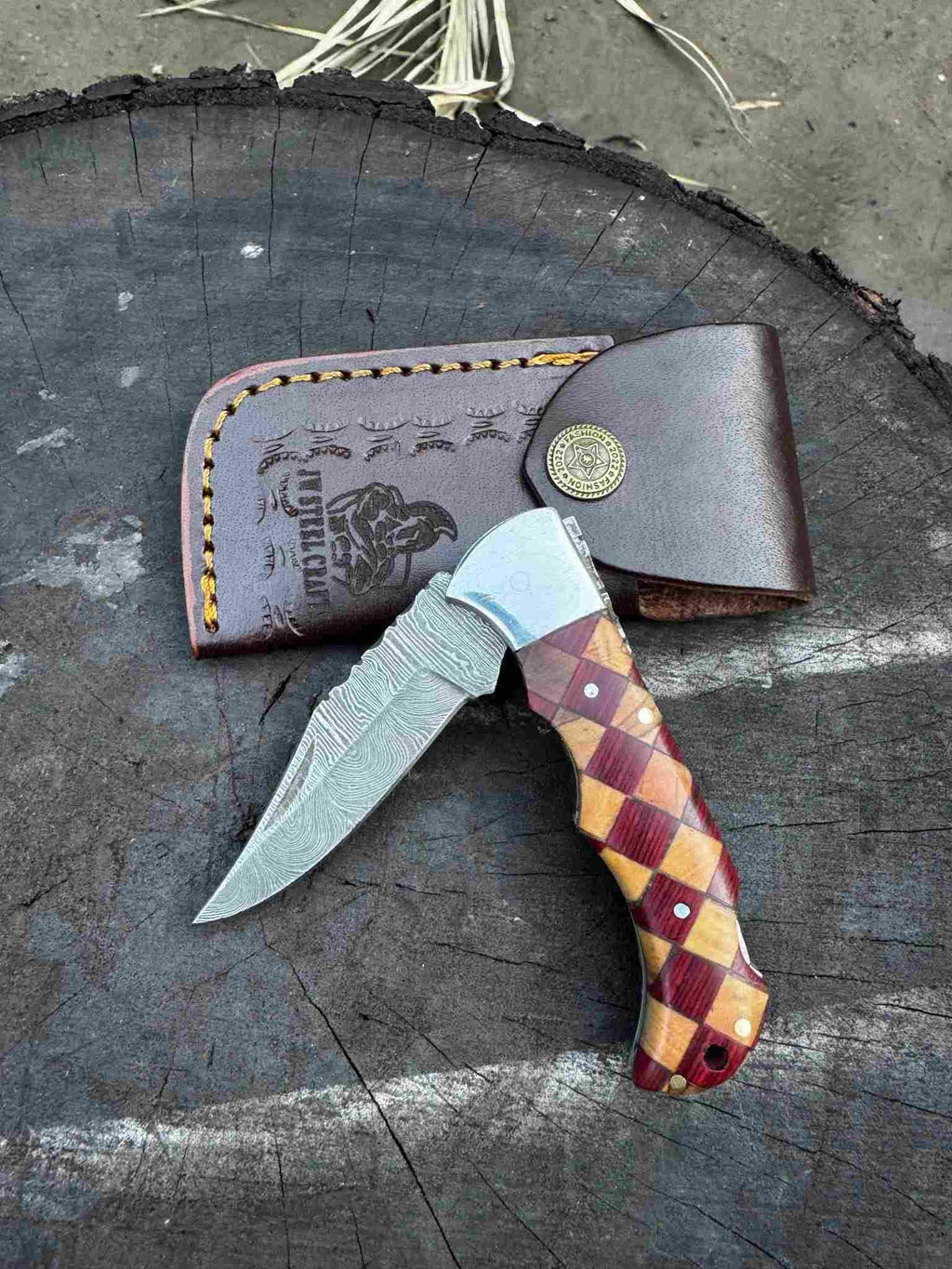 Handmade Damascus Folding Knife – Checker Pattern Wood Handle (Red, Green, Blue) with Leather Sheath