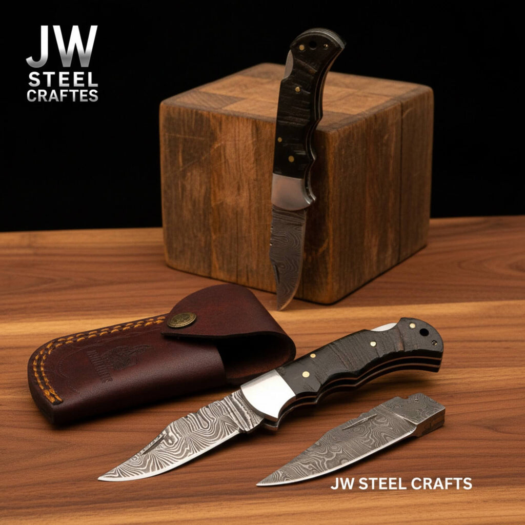 Handmade Damascus Folding Knife – Ram Horn or American Flag Handle