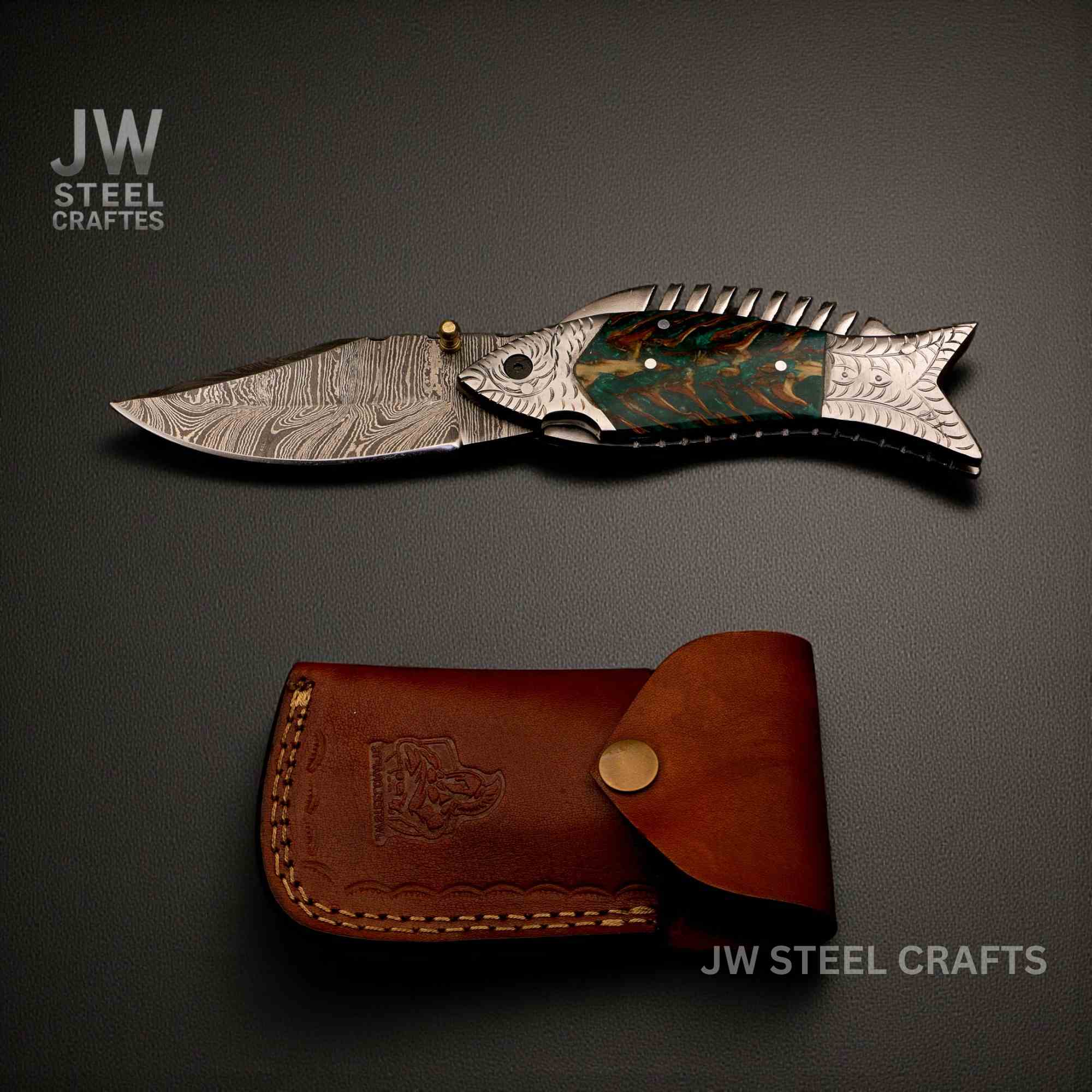 Handmade Damascus Folding Knife with Green Pinecone Resin Handle