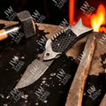 Handmade Damascus Steel Folding Knife – Black Honeycomb Handle, Engraved Bolster