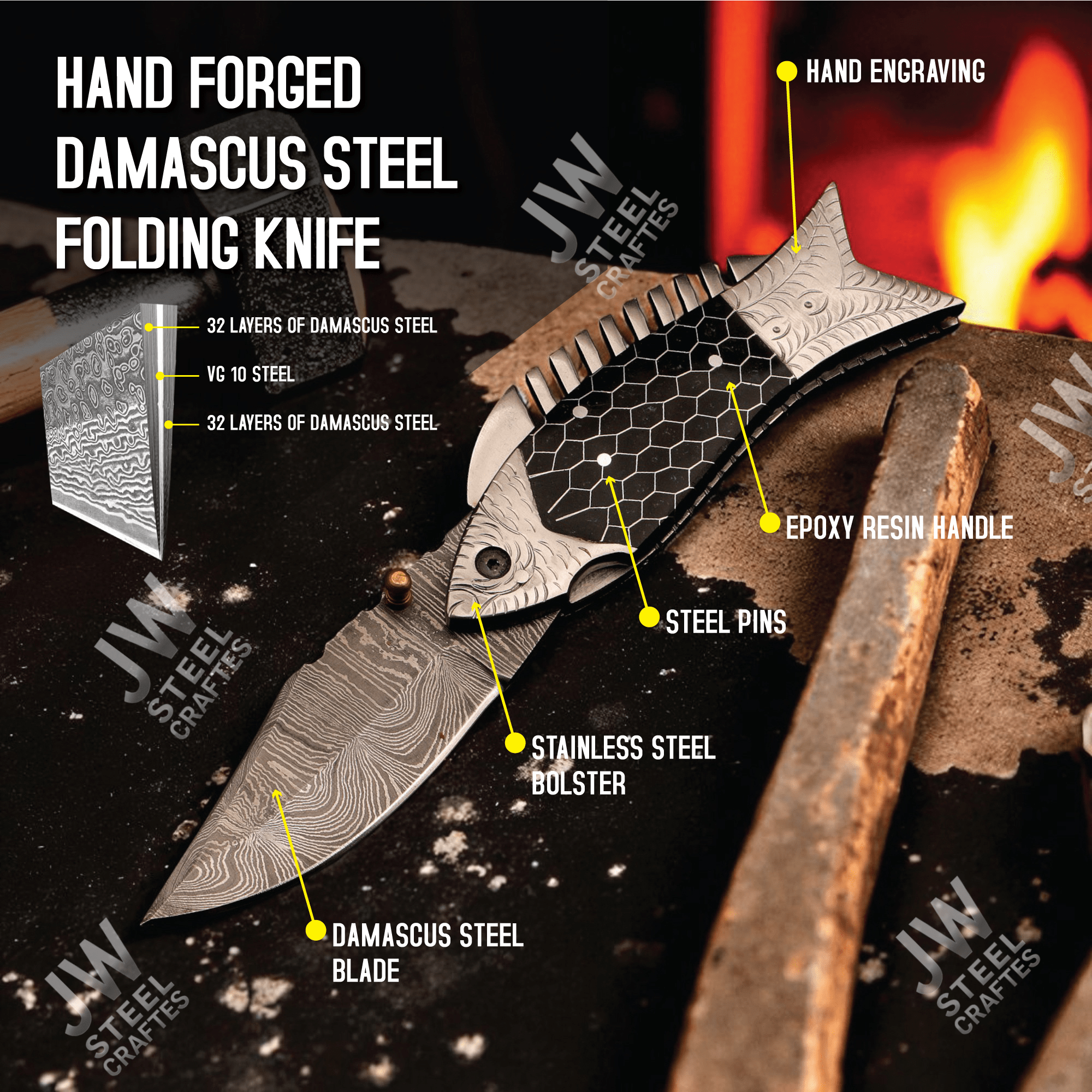 Handmade Damascus Steel Folding Knife – Black Honeycomb Handle, Engraved Bolster