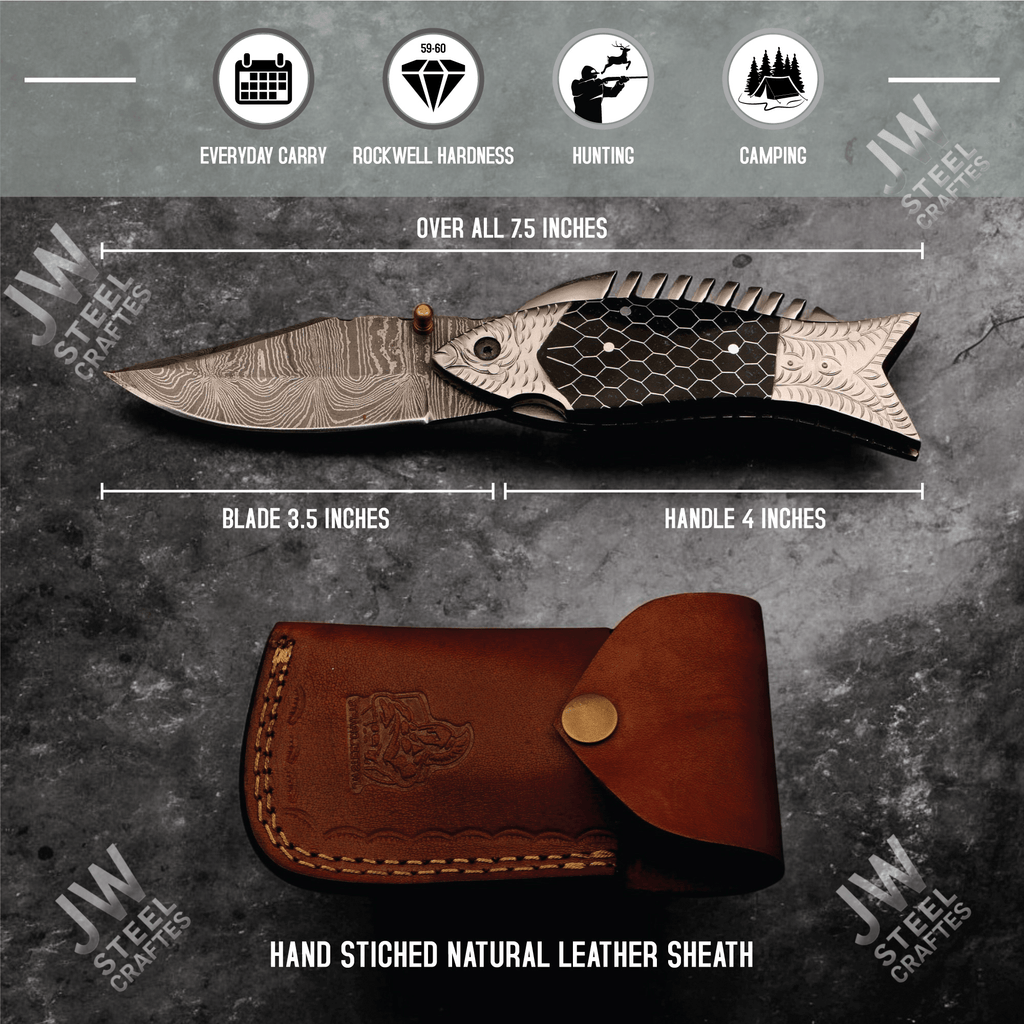Handmade Damascus Steel Folding Knife – Black Honeycomb Handle, Engraved Bolster