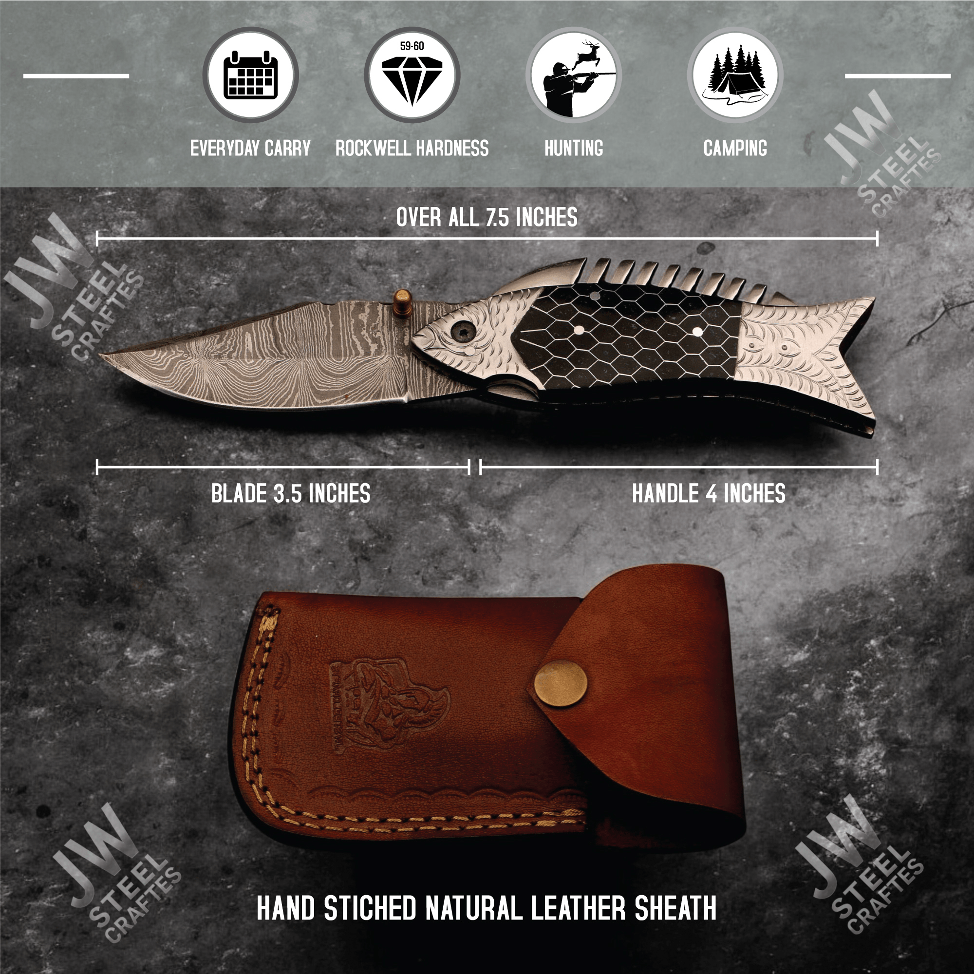 Handmade Damascus Steel Folding Knife – Black Honeycomb Handle, Engraved Bolster