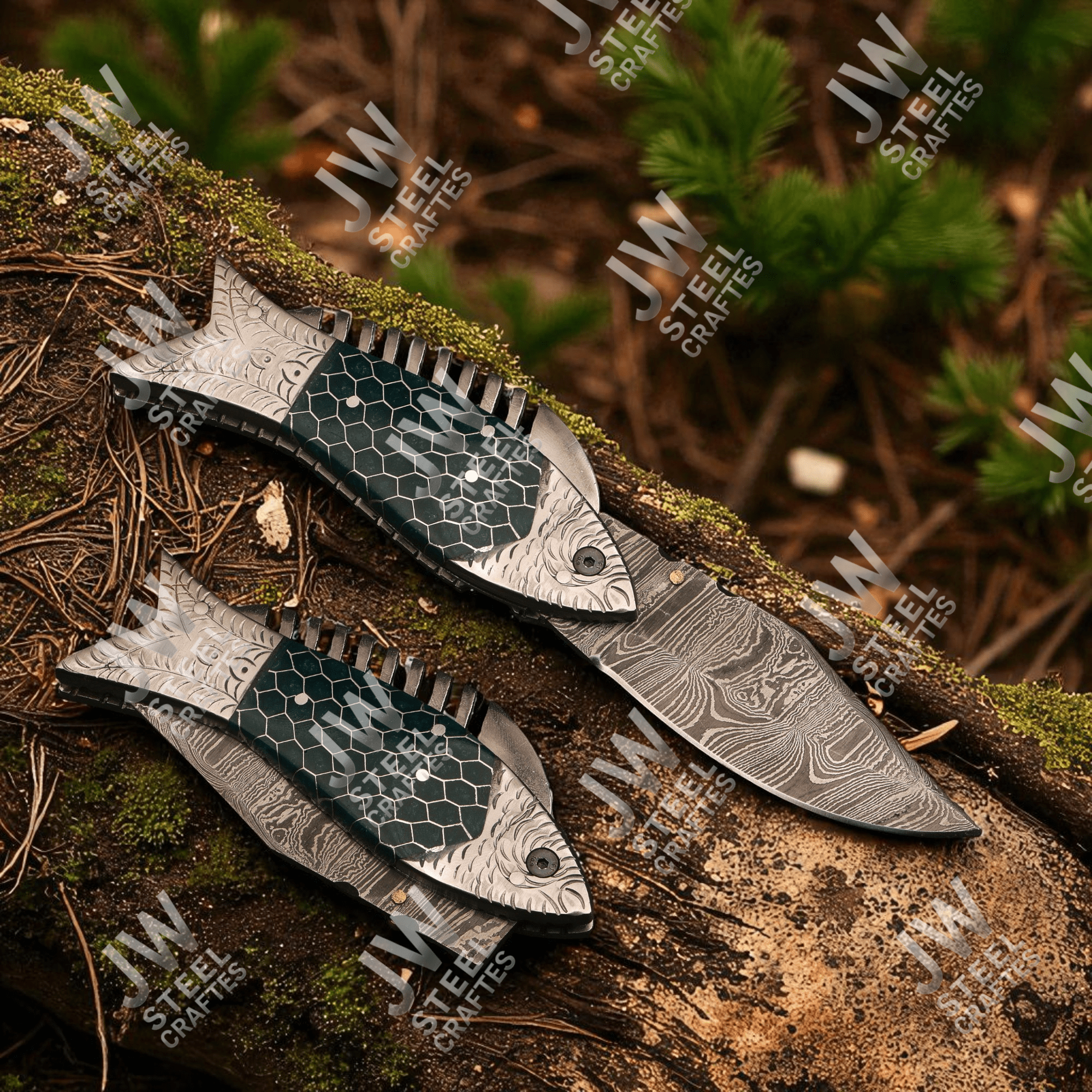 Handmade Damascus Steel Folding Knife – Green Honeycomb Handle