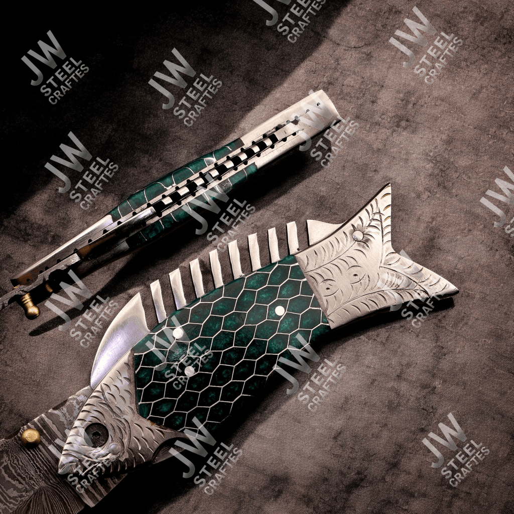 Handmade Damascus Steel Folding Knife – Green Honeycomb Handle