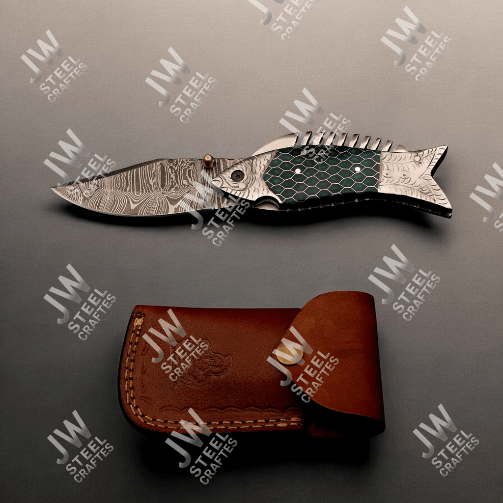 Handmade Damascus Steel Folding Knife – Green Honeycomb Handle